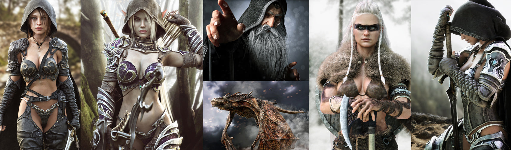 Fantasy  collage featuring hooded female warriors, an elven archer, an ancient wizard, a dragon, and futuristic cybernetic heroines in an epic fantasy artwork banner.