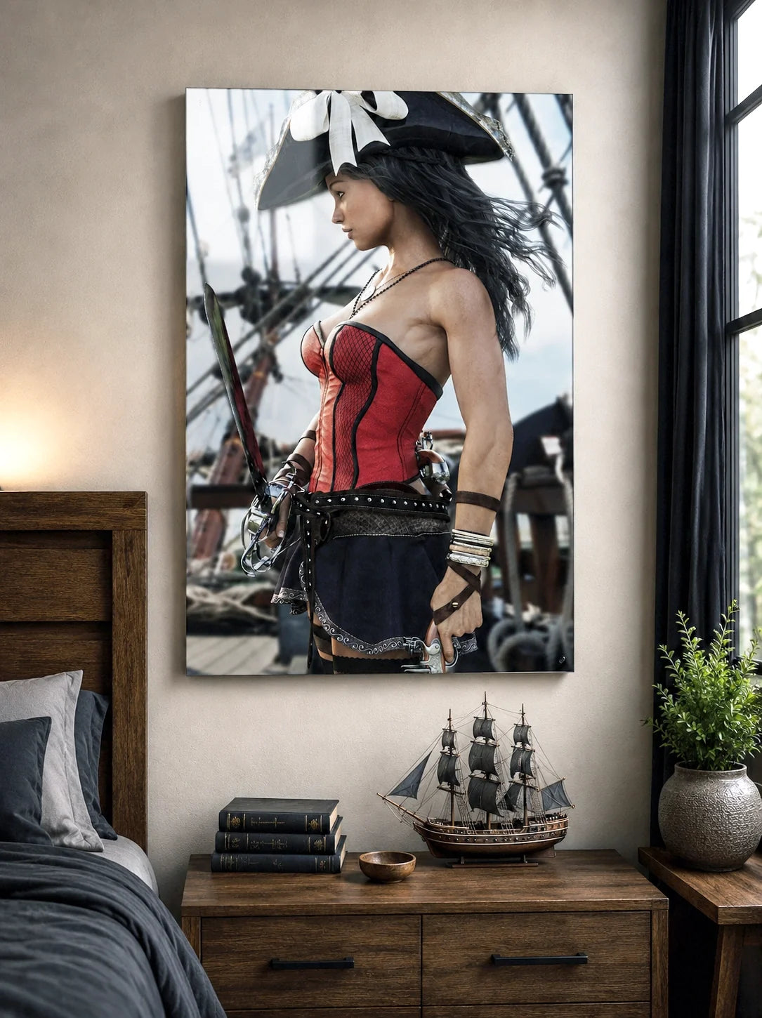 Pirate female portrait on display in a bedroom showcasing metal prints collection.