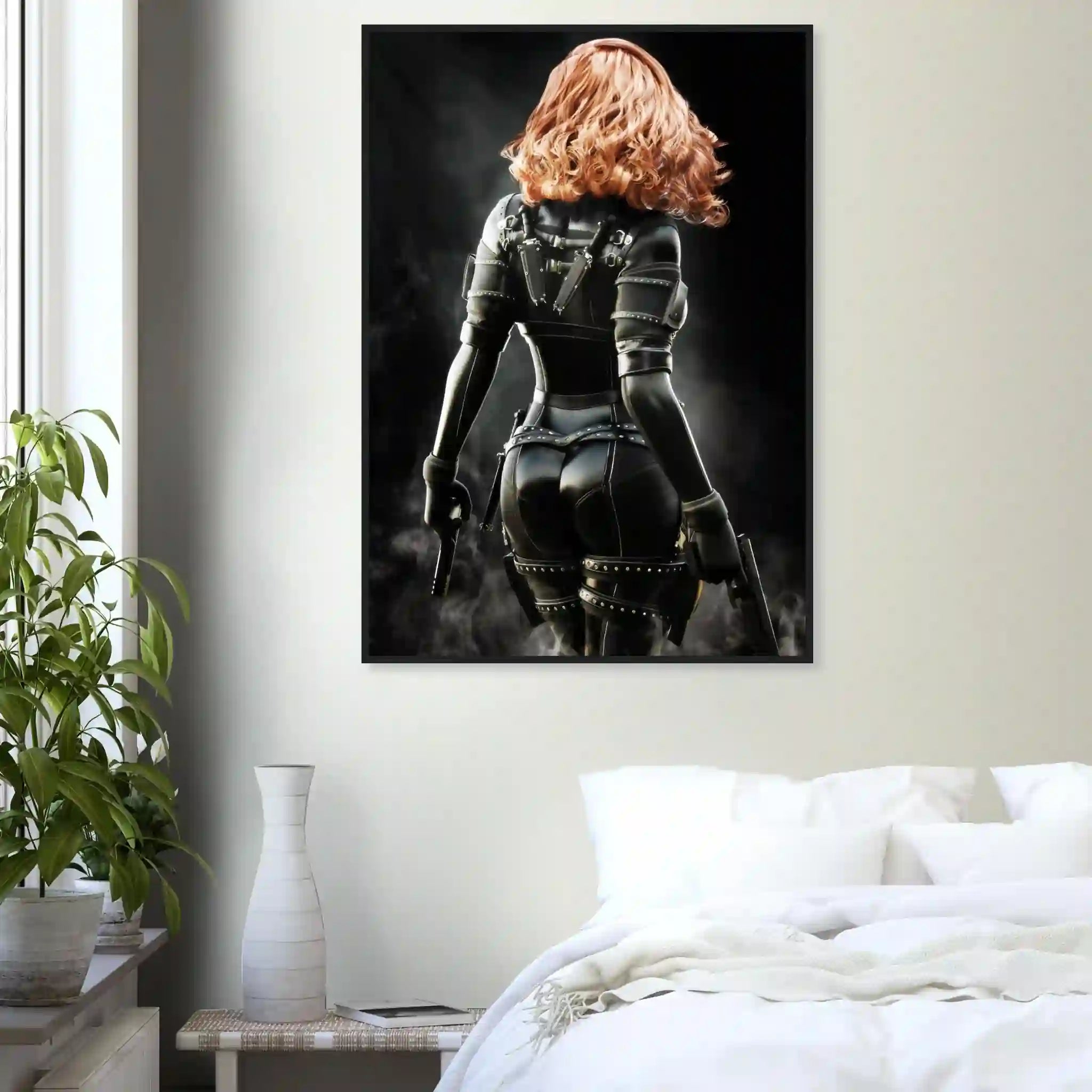 Black framed cyberpunk poster featuring a futuristic female assassin with vibrant red hair, advanced black tactical armor, and dual pistols, shown from behind in a dramatic smoke-filled scene.