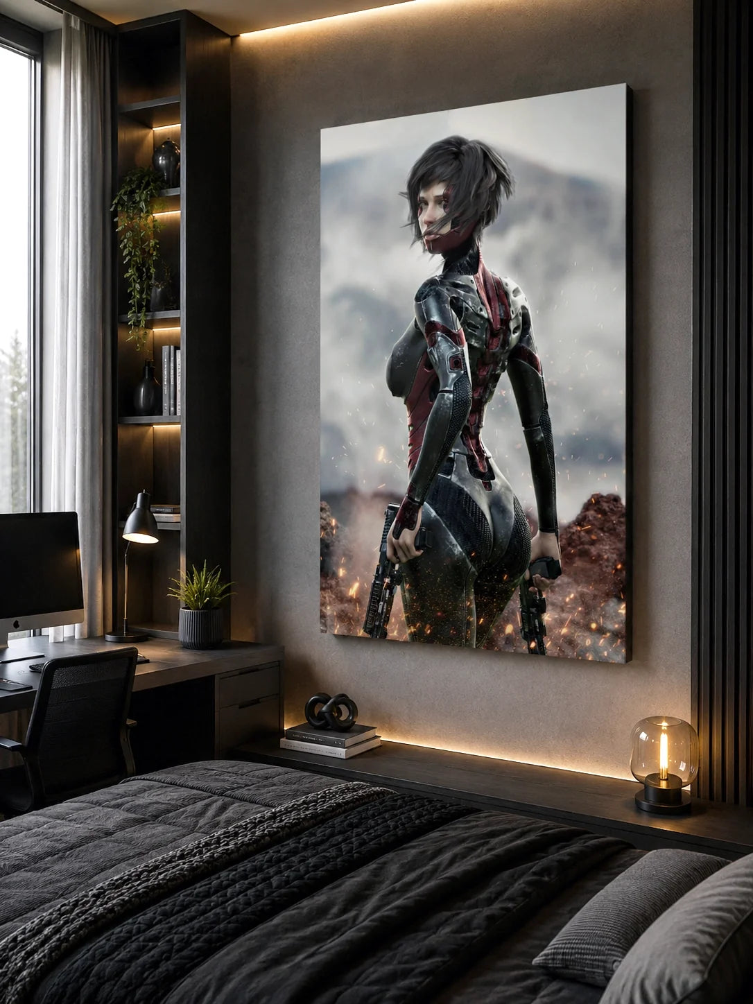 Sci fi female posing with a two laser pistols in a hostile background. Handcrafted Fantasy art on display in a modern bedroom. Collection banner for Sci-fi metal prints