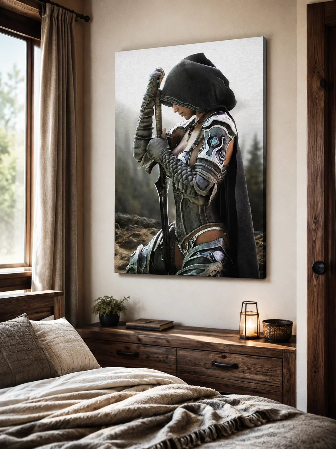 Female warrior in armor kneeling down with sword. Banner for canvas collections page