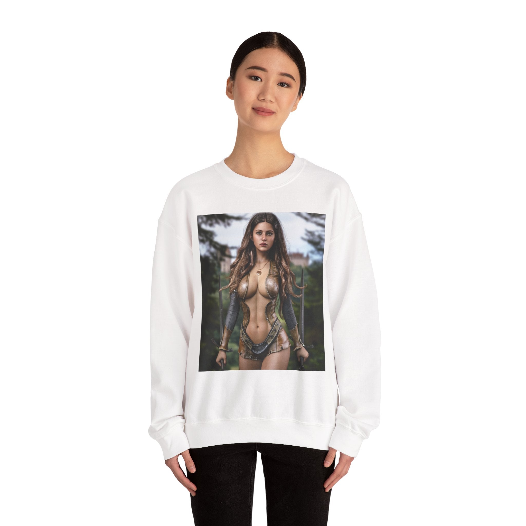 Fantasy Warrior Woman Sweatshirt — Sexy Armored Huntress Graphic Crewneck