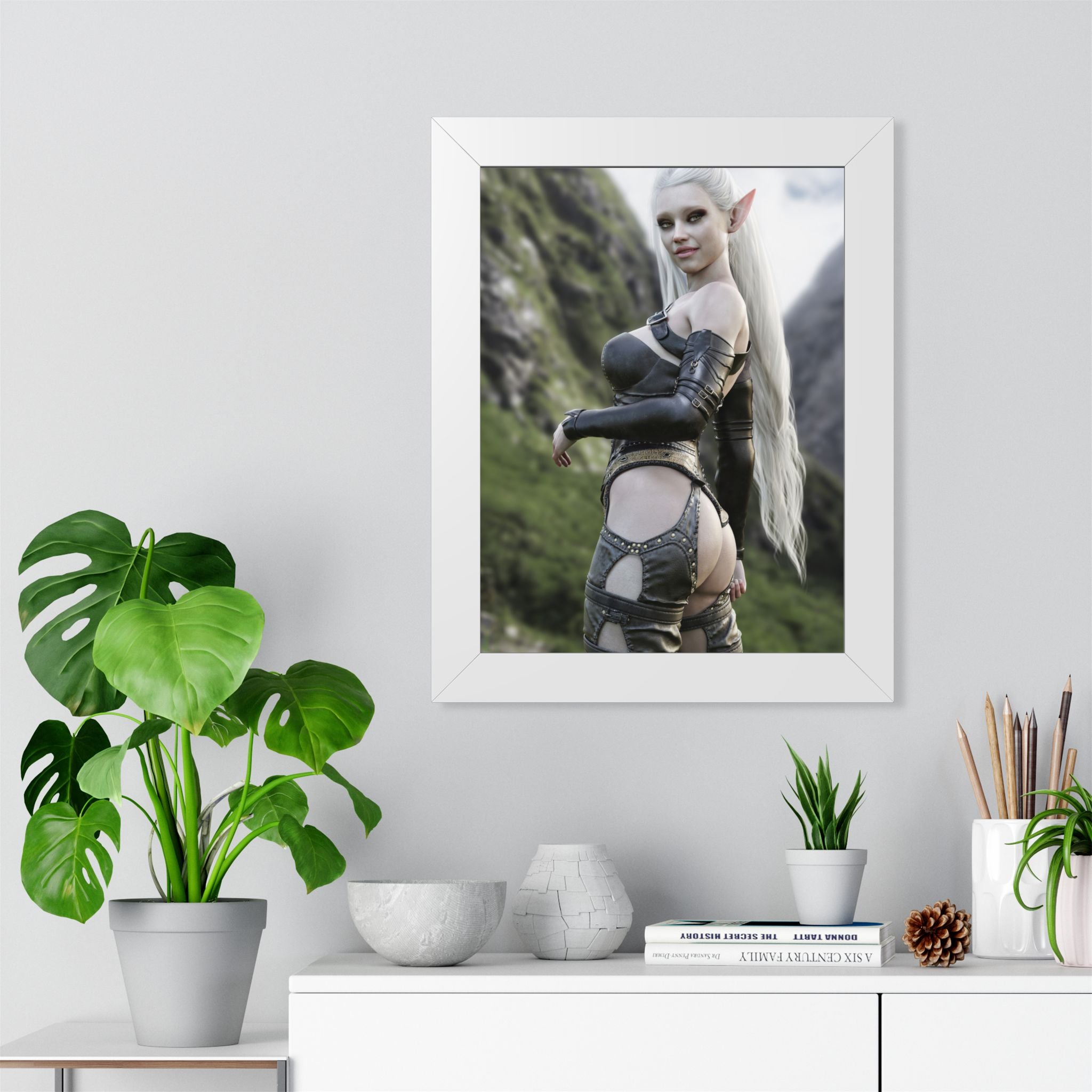 Póster Guerrera Elfa — Lámina Vertical Fantasía Enmarcada - No IA - Ilustración de arte creada por humanos.