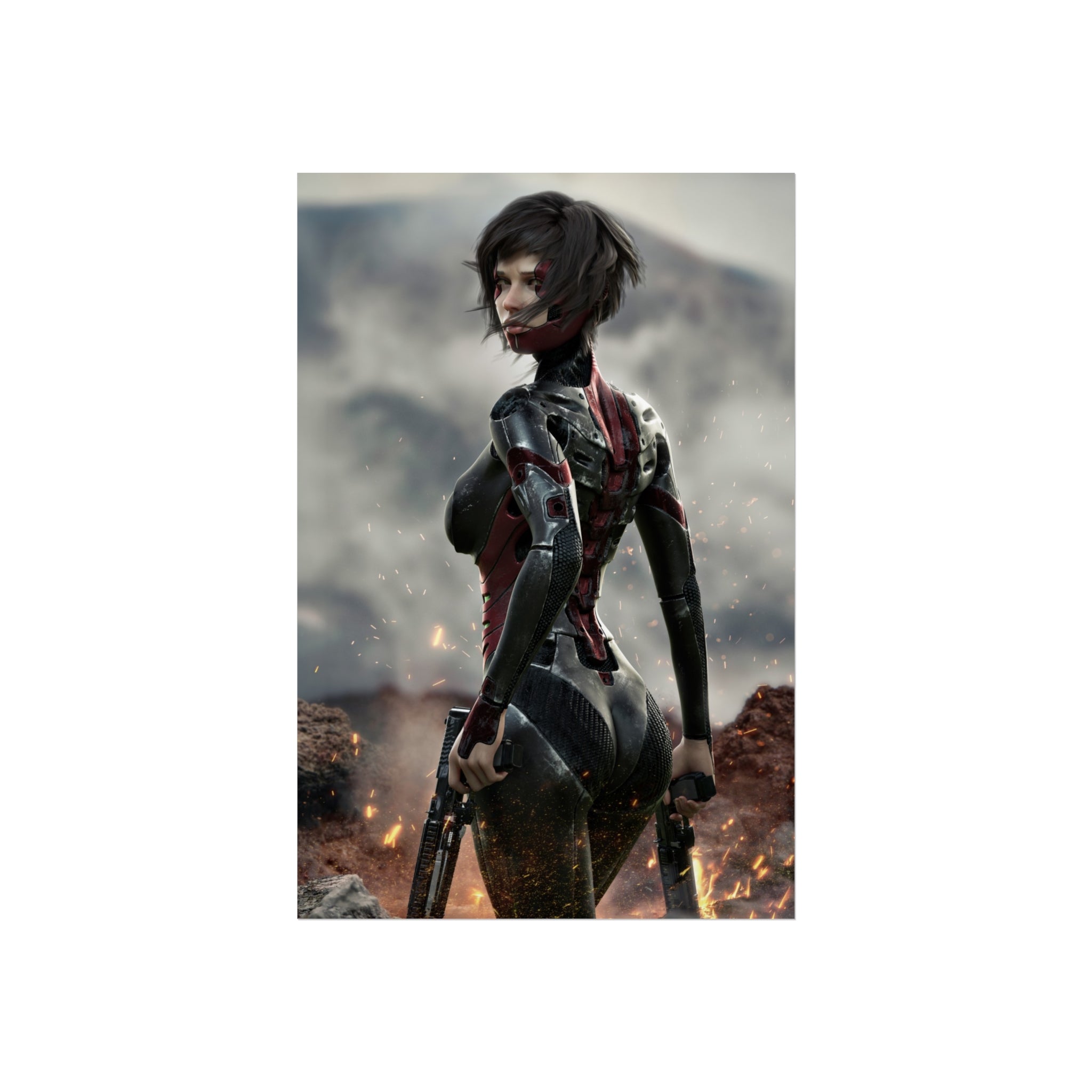 Póster de arte fino de guerrera de ciencia ficción — Arte de pared de soldado cibernética femenina - Sin IA - Arte ilustrativo creado por humanos
