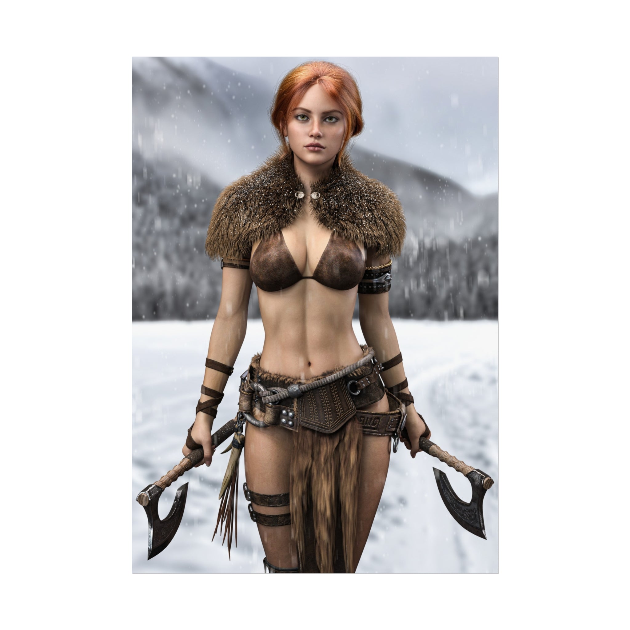 Viking Warrior Woman Fine Art Poster — Red-Haired Norse Axe Fighter Print