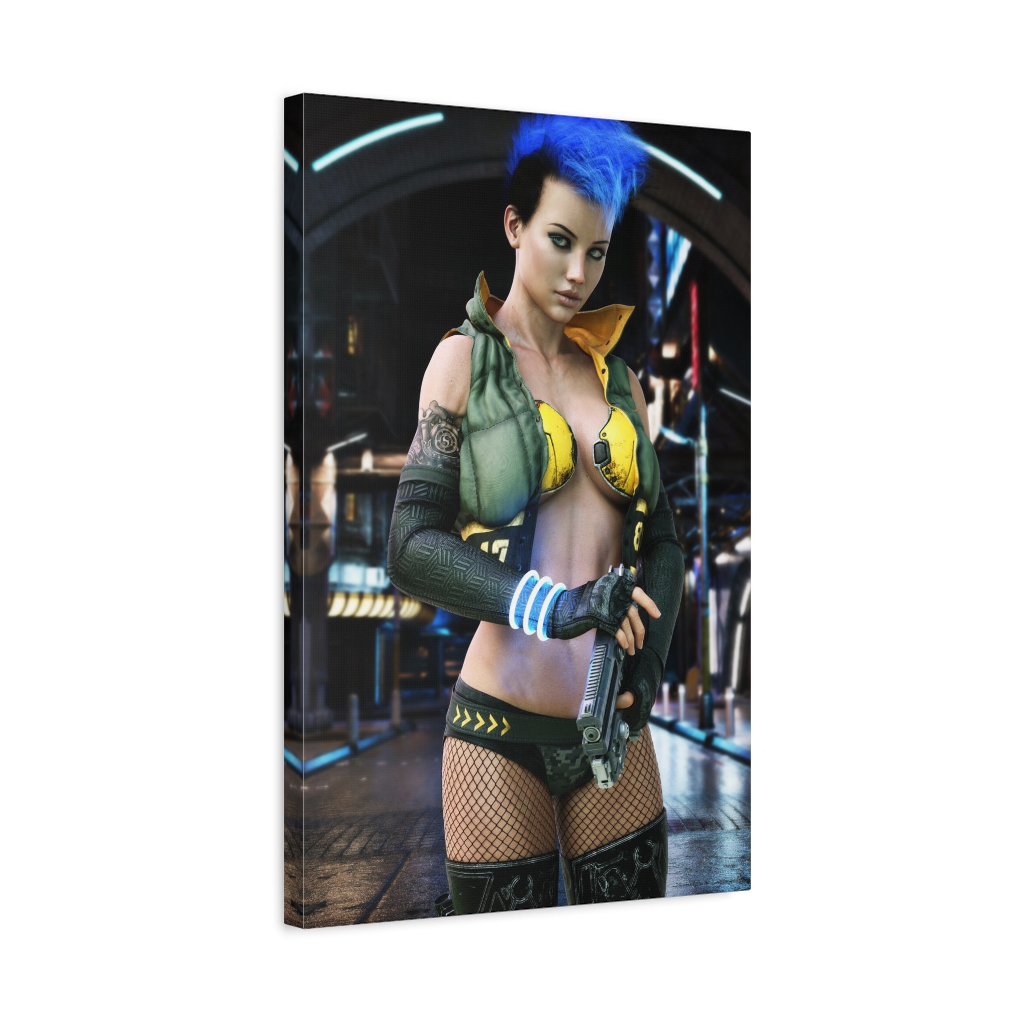 Cyberpunk Femme Fatale Canvas Print — Matte Stretched Wall Art -No AI- Human created illustration art