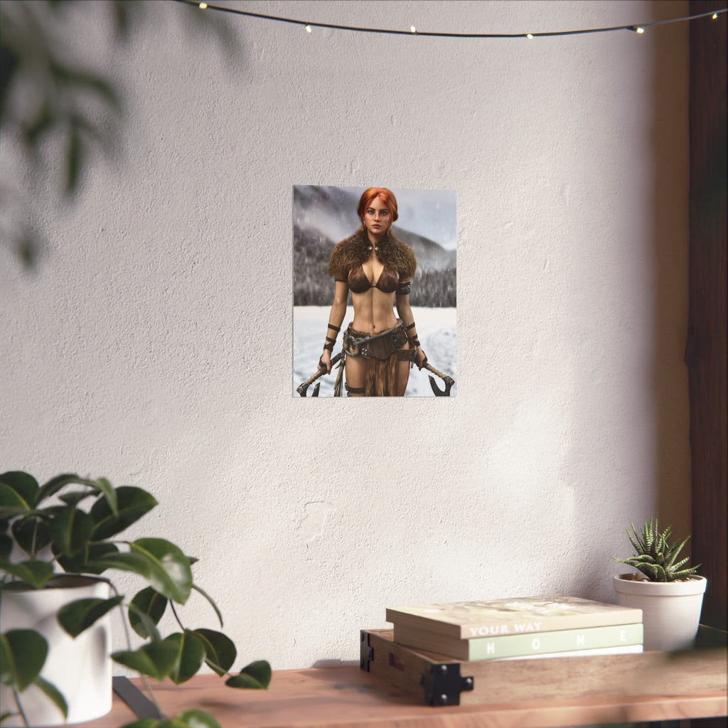 Viking Warrior Woman Fine Art Poster — Red-Haired Norse Axe Fighter Print