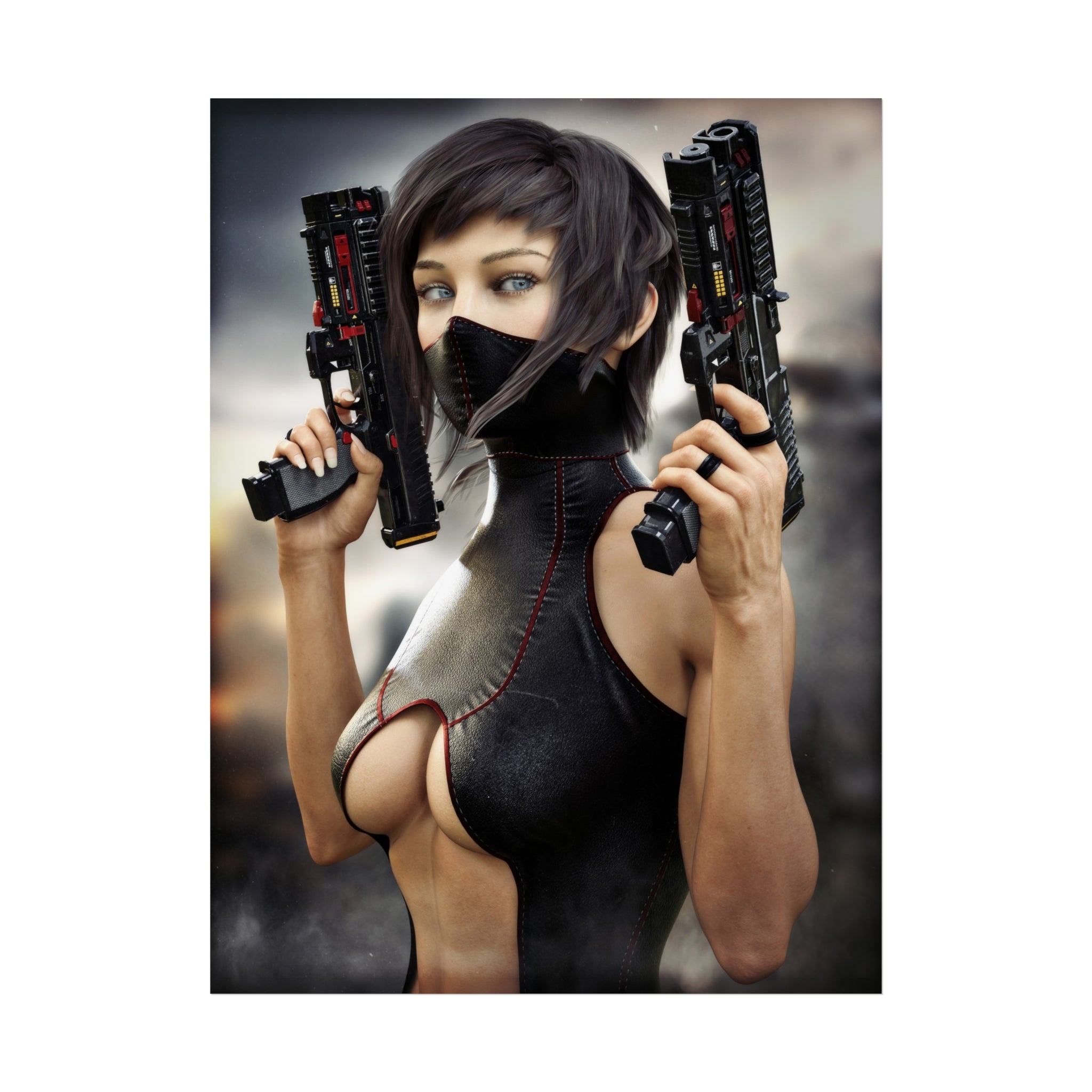 Póster de arte fino de asesina ciberpunk — Arte de pared de pistolera futurista - No IA - Ilustración creada por humanos