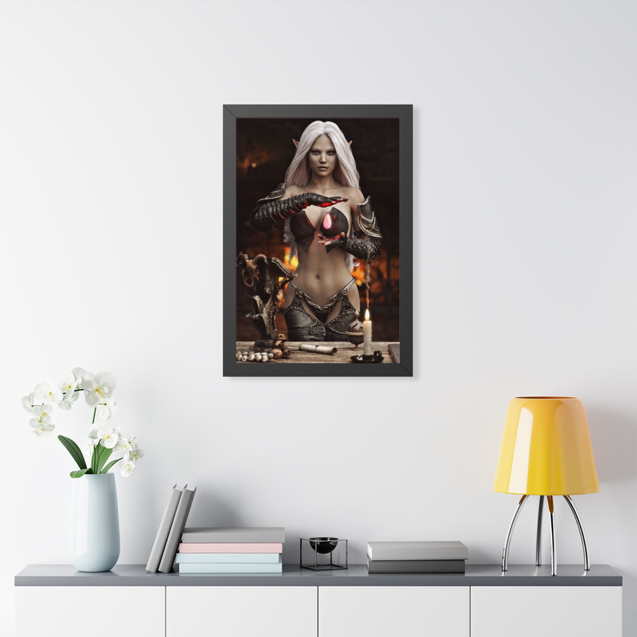 Framed Poster — Dark Fantasy Elf Sorceress with Glowing Orb- NO AI - Human made illustration