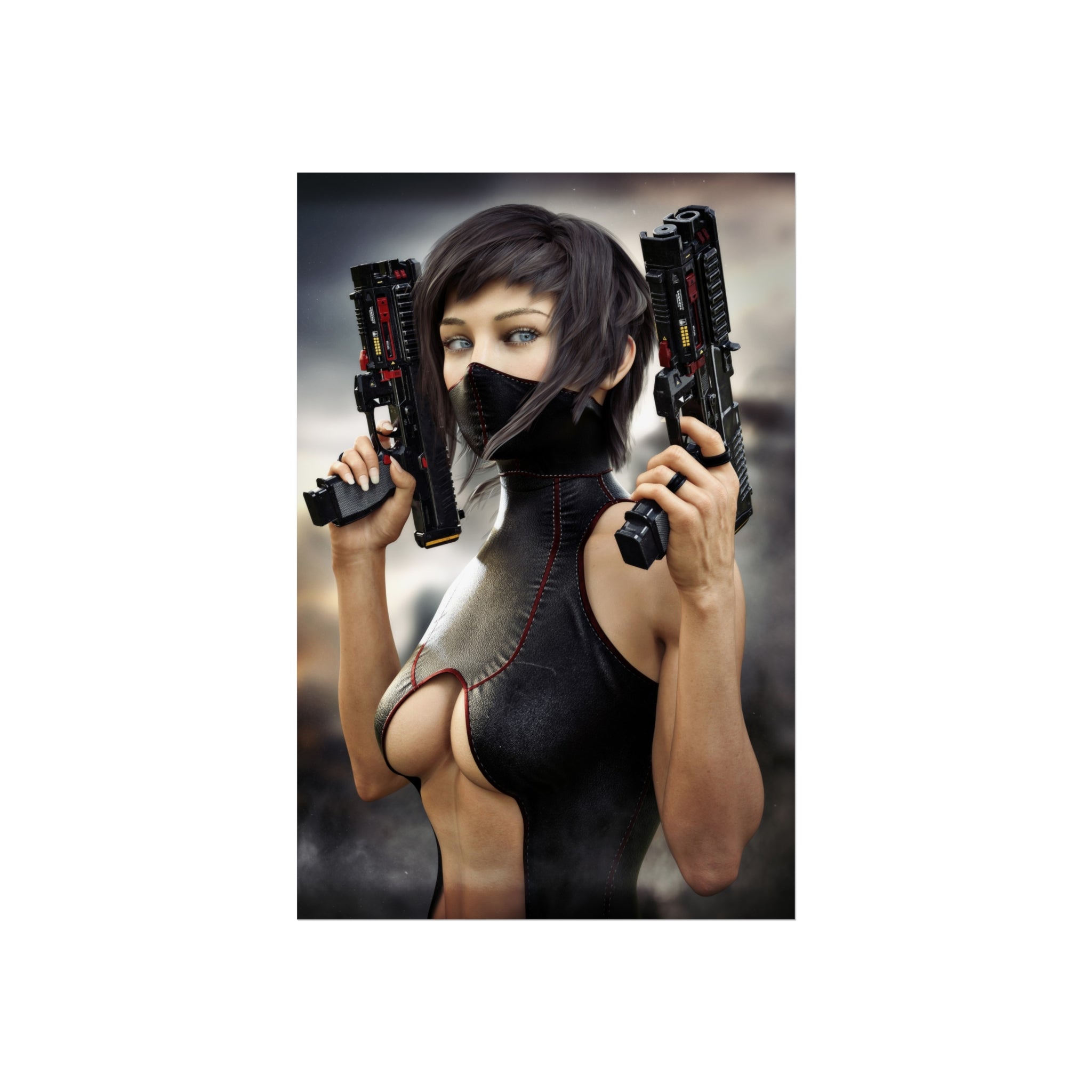 Póster de arte fino de asesina ciberpunk — Arte de pared de pistolera futurista - No IA - Ilustración creada por humanos