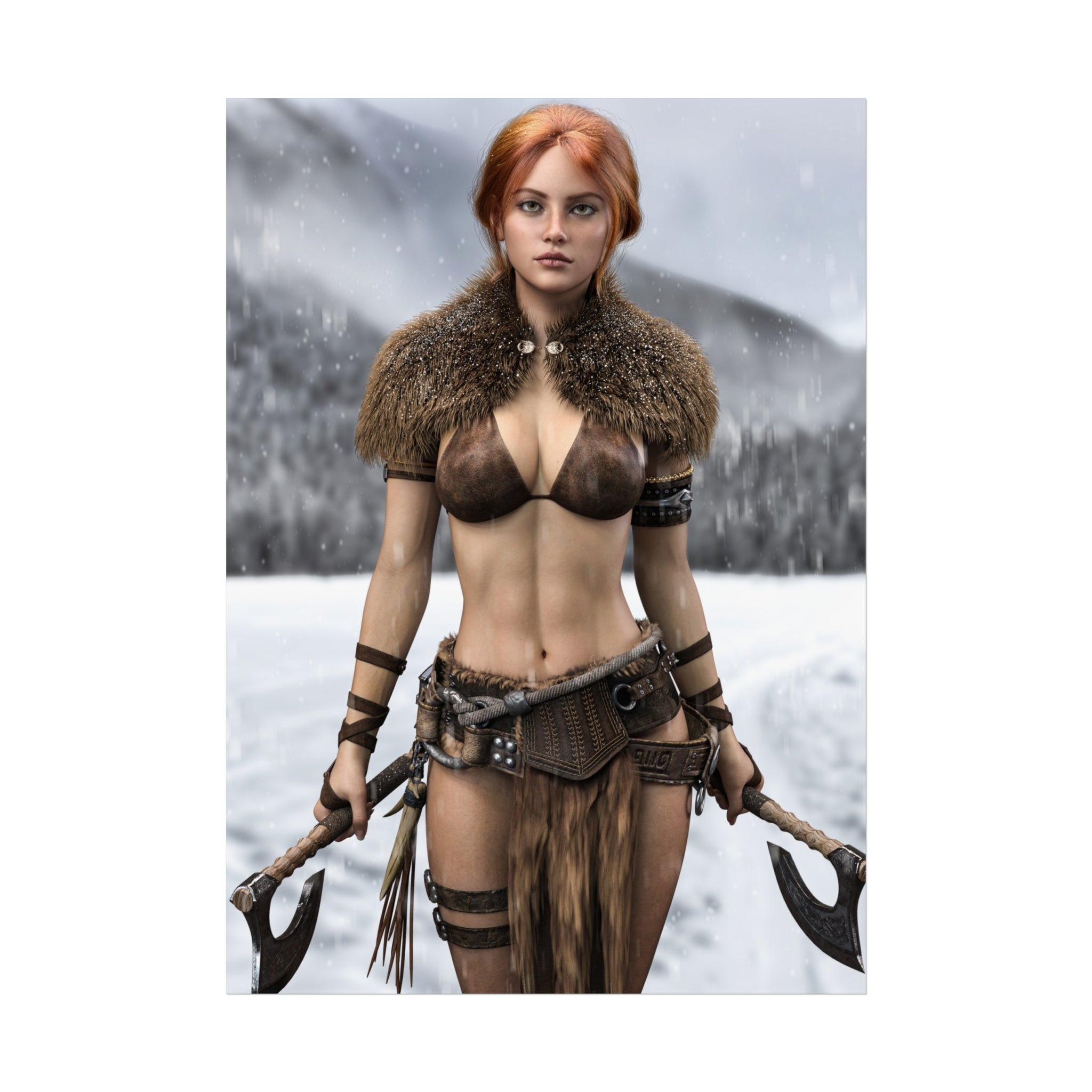 Viking Warrior Woman Fine Art Poster — Red-Haired Norse Axe Fighter Print