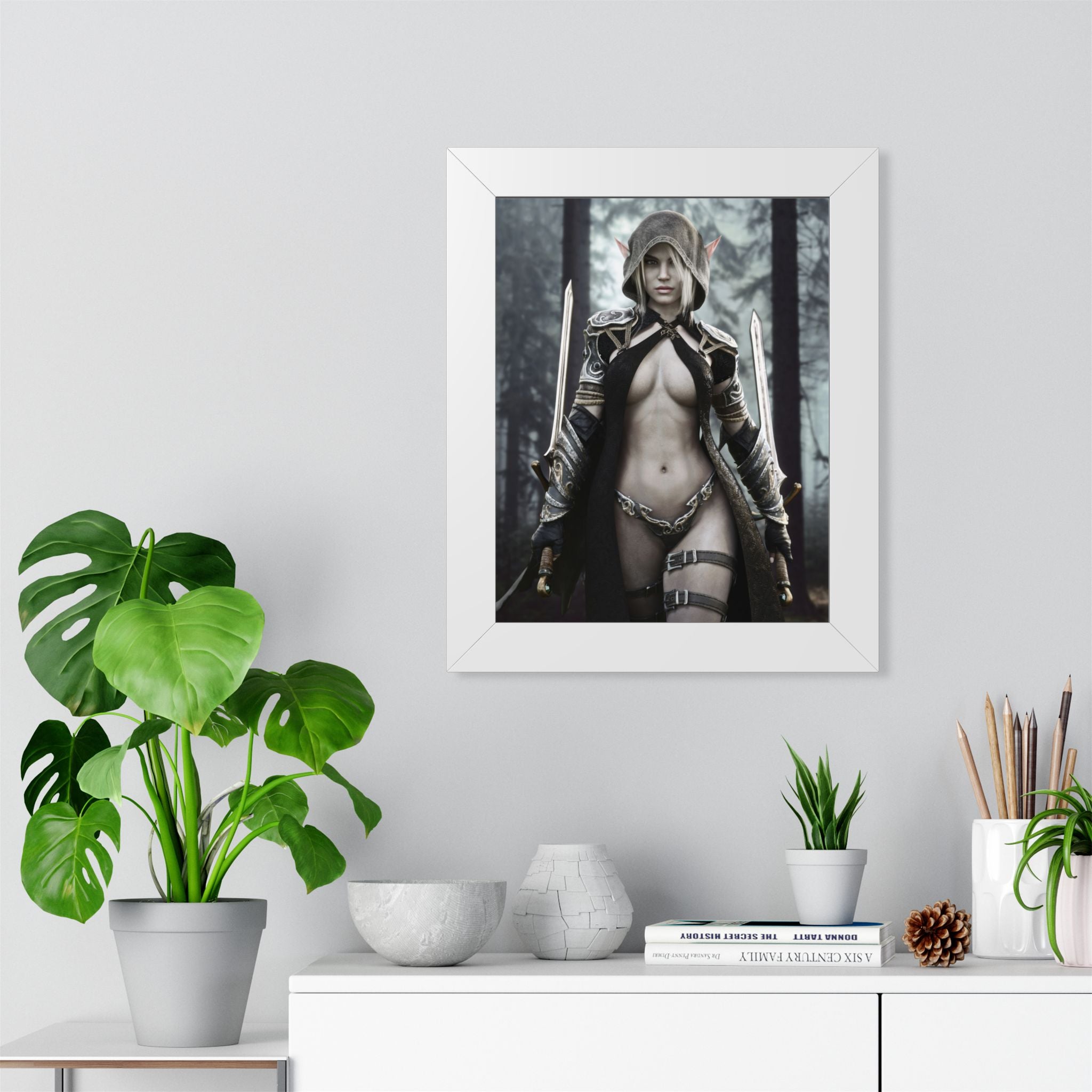 Fantasy Assassin Framed Poster — Female Warrior Hooded Rogue Art- No AI - Human created illustration art