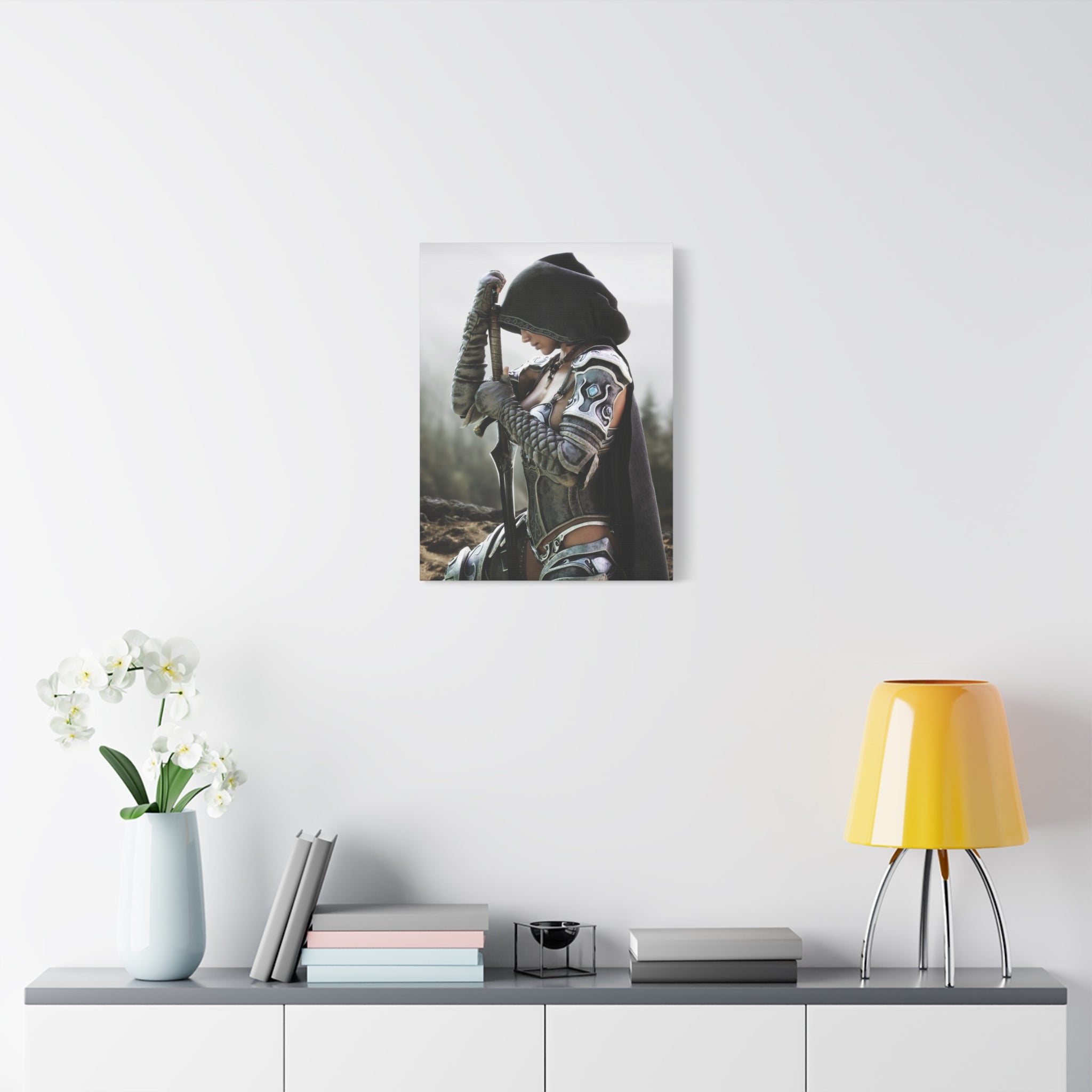 Fantasy Warrior Canvas Print — Hooded Female Knight Matte Stretched Wall Art- No AI- Human created fantasy art