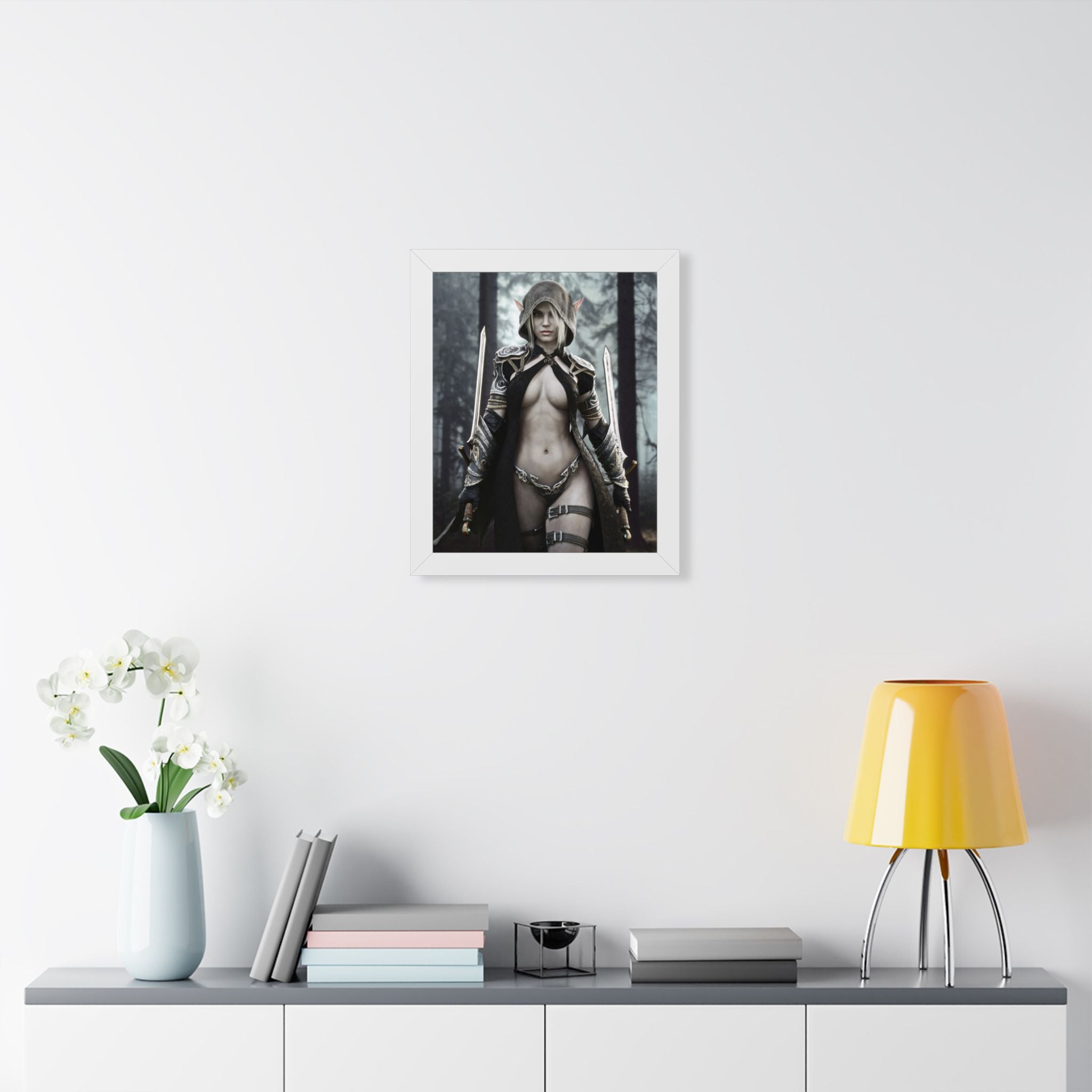 Fantasy Assassin Framed Poster — Female Warrior Hooded Rogue Art- No AI - Human created illustration art