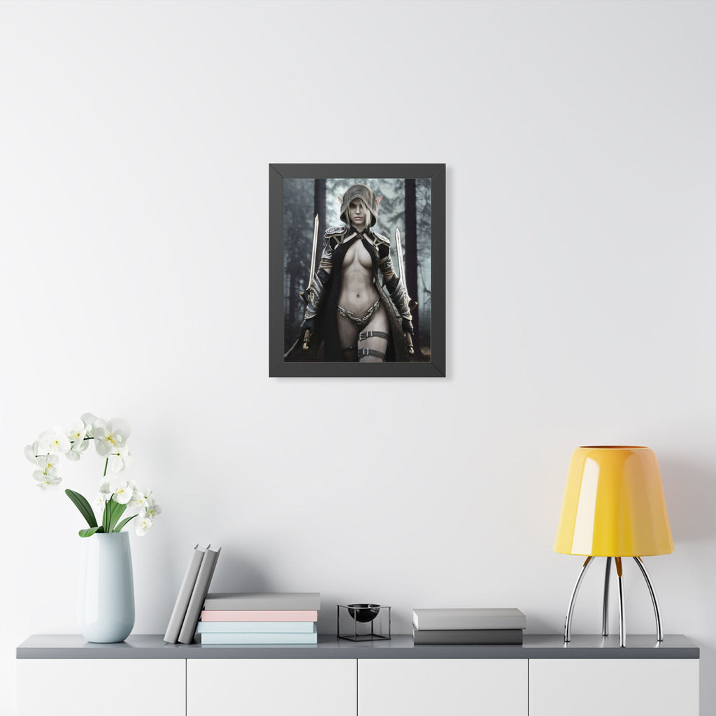 Fantasy Assassin Framed Poster — Female Warrior Hooded Rogue Art- No AI - Human created illustration art