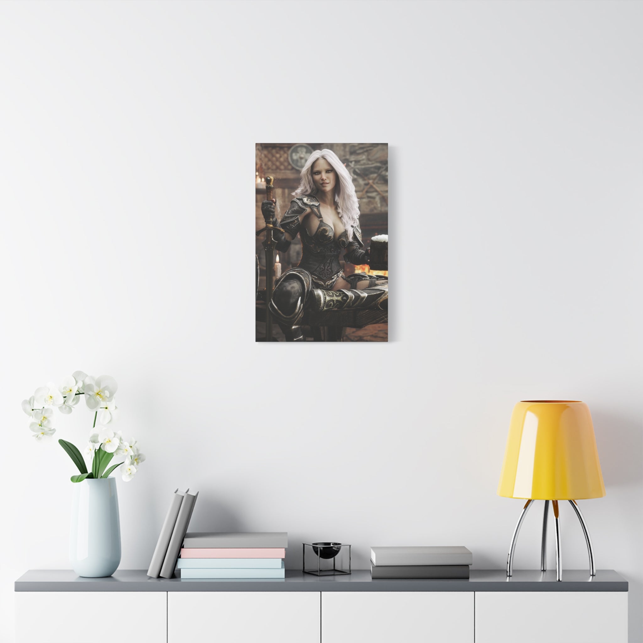 Fantasy Warrior Woman Canvas Print — Armored Dark elf in Tavern Portrait-No AI- Human created illustration art