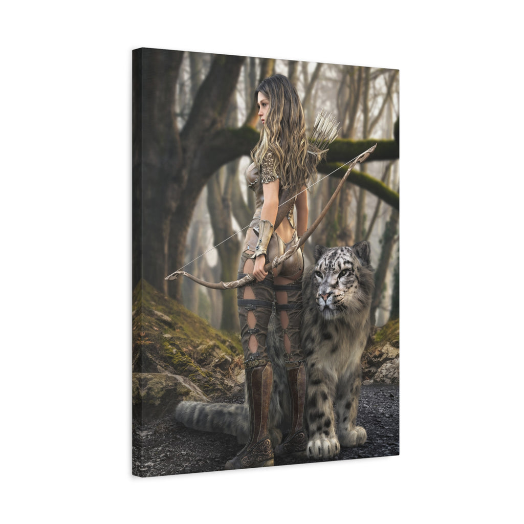 Fantasy Archer Warrior with  Leopard - Matte Stretched Canvas Wall Art - No ai - human created illustration art