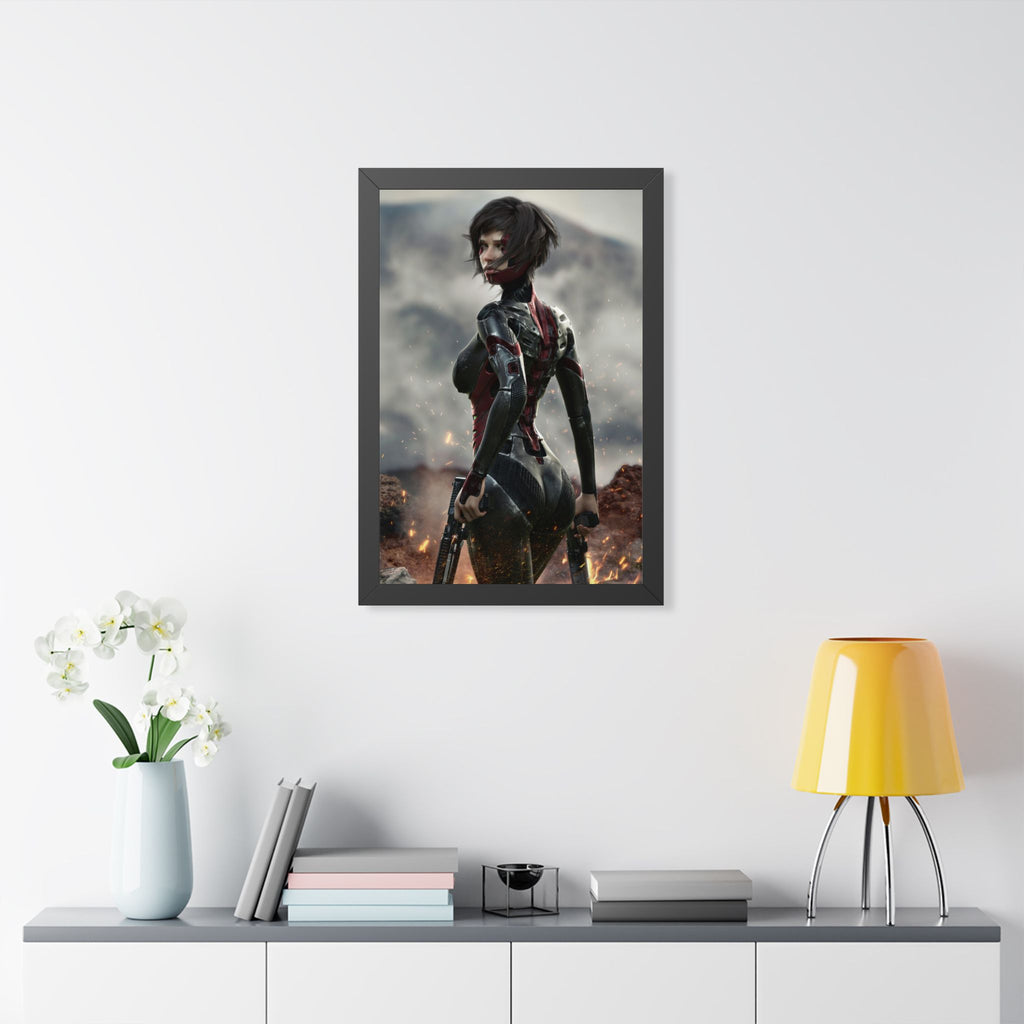 Framed Poster — Futuristic Sci‑Fi Female Warrior Art Print- No AI - Human created illustration art