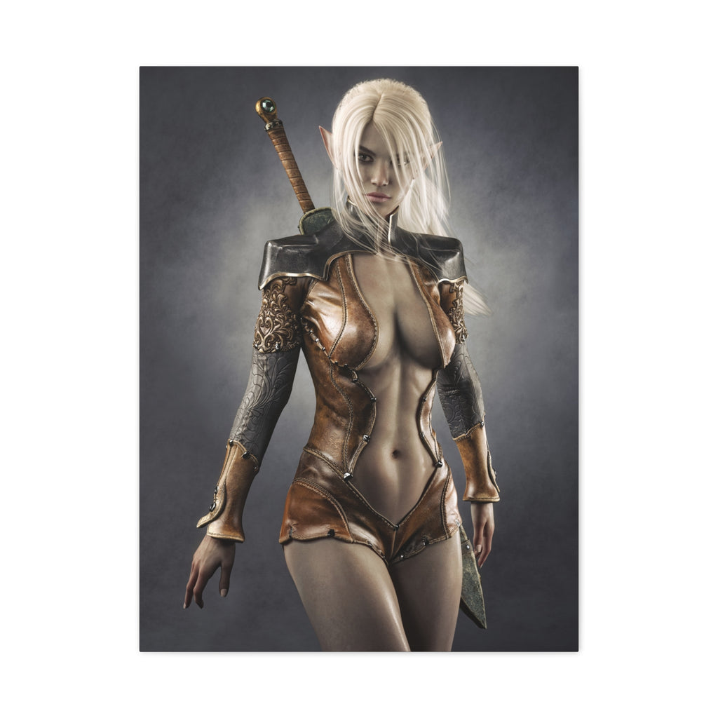 Fantasy Warrior Elf Canvas Print — Sexy Female Swordfighter Matte Stretched Art- No AI- Human created illuration art