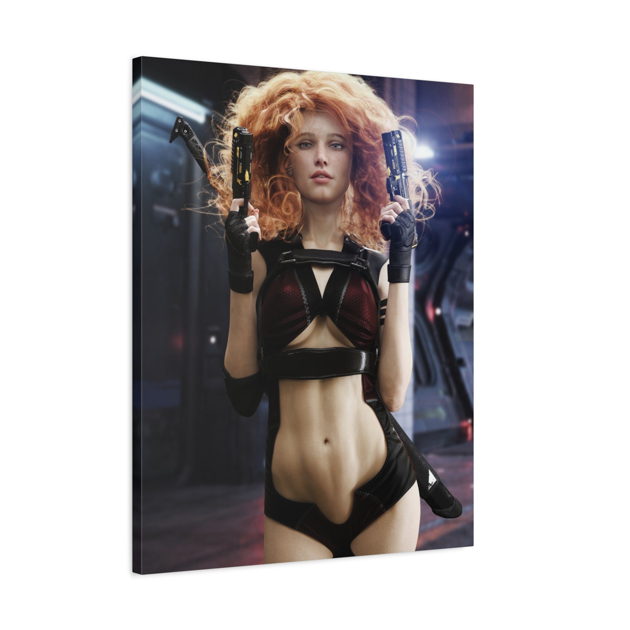 Sci‑Fi Femme Fatale Canvas Print — Red‑Haired Space Gunslinger Matte Stretched- No AI - Human created illustration art