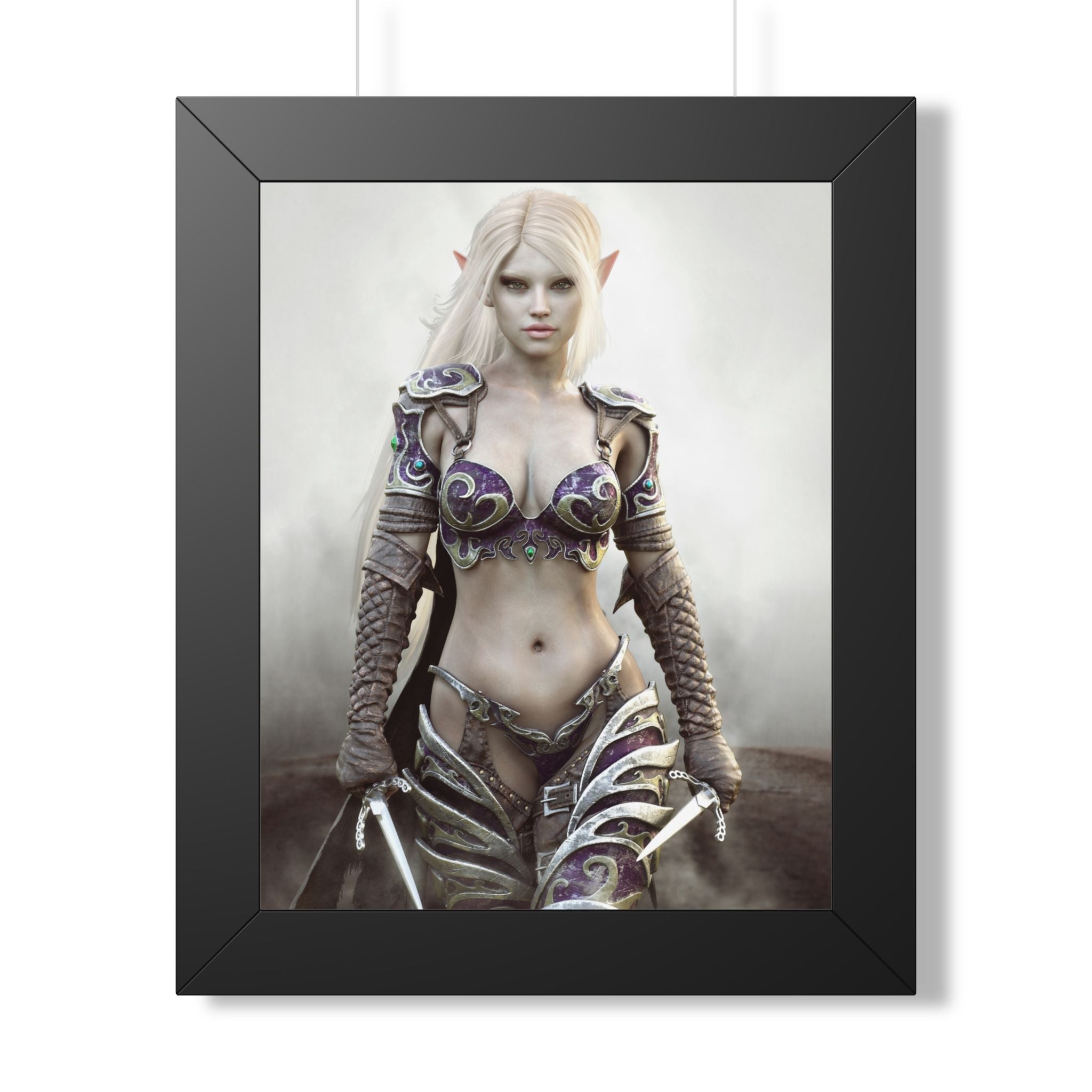 Framed Poster — Fantasy Dark Elf Elven Warrior Art Print - No AI- Human created illustration art