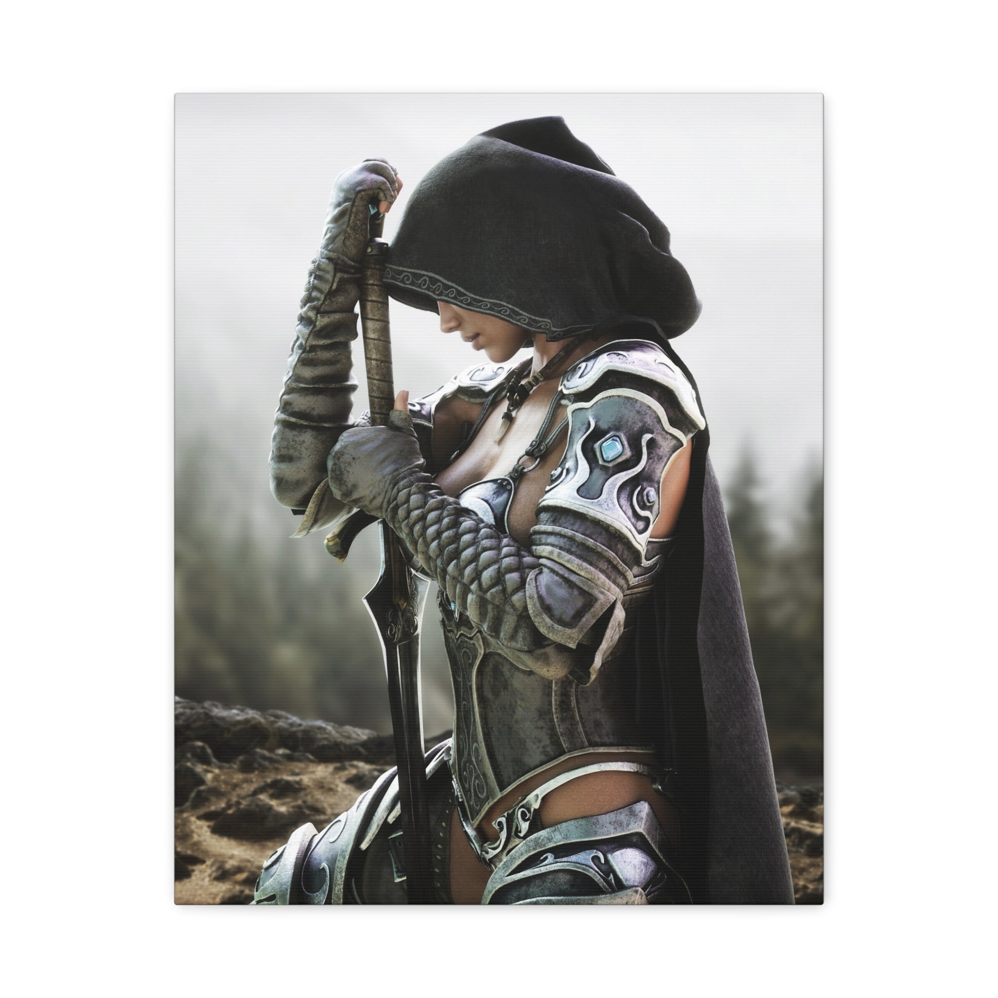 Lienzo decorativo Guerrera de Fantasía — Lámina artística mate estirada de Caballera Encapuchada para pared - Sin IA - Arte fantástico creado por humanos