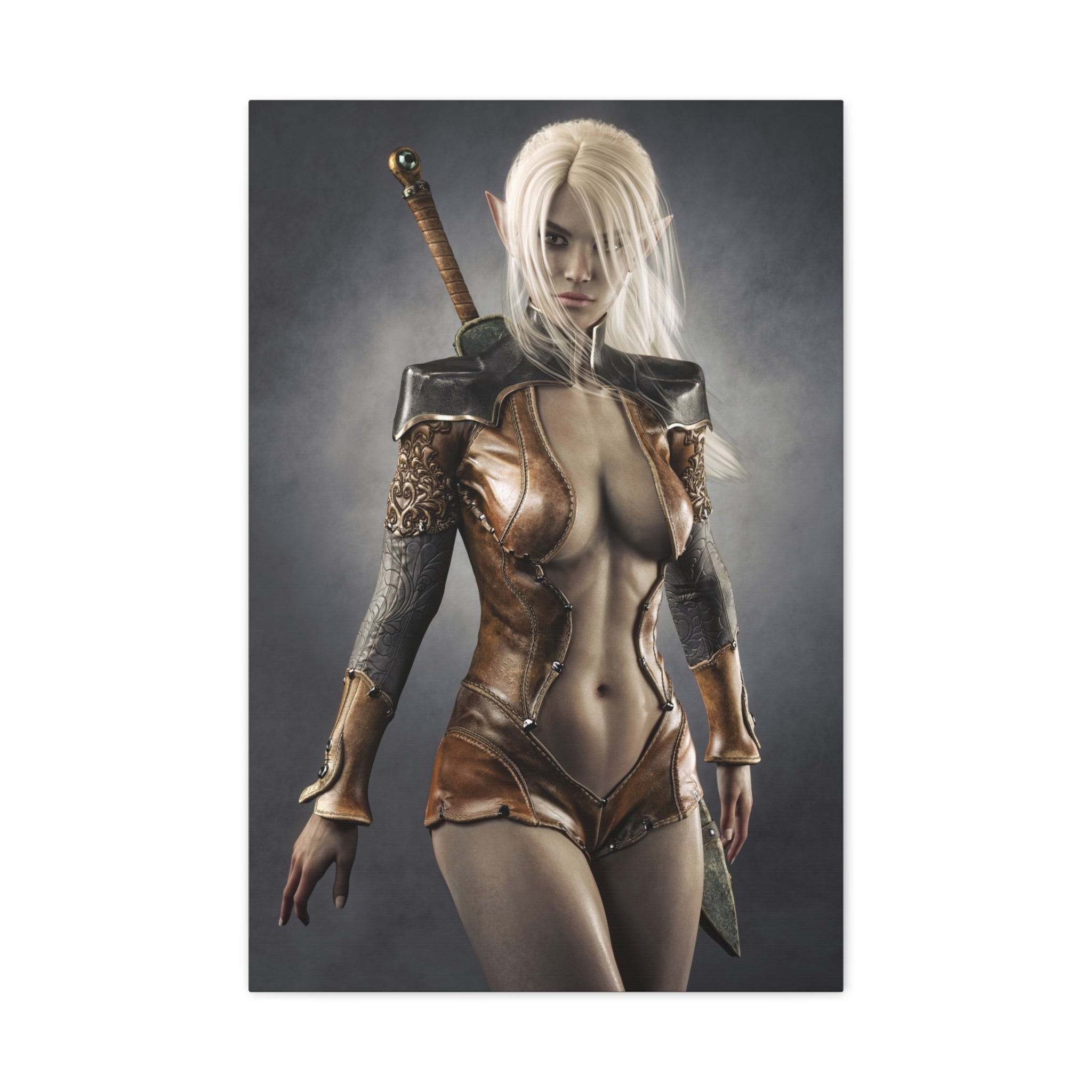 Fantasy Warrior Elf Canvas Print — Sexy Female Swordfighter Matte Stretched Art- No AI- Human created illuration art