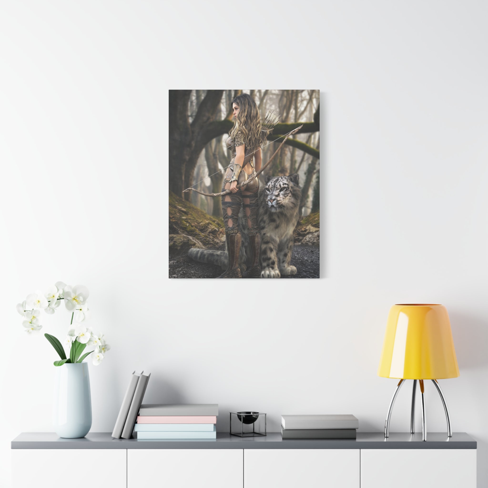 Fantasy Archer Warrior with  Leopard - Matte Stretched Canvas Wall Art - No ai - human created illustration art