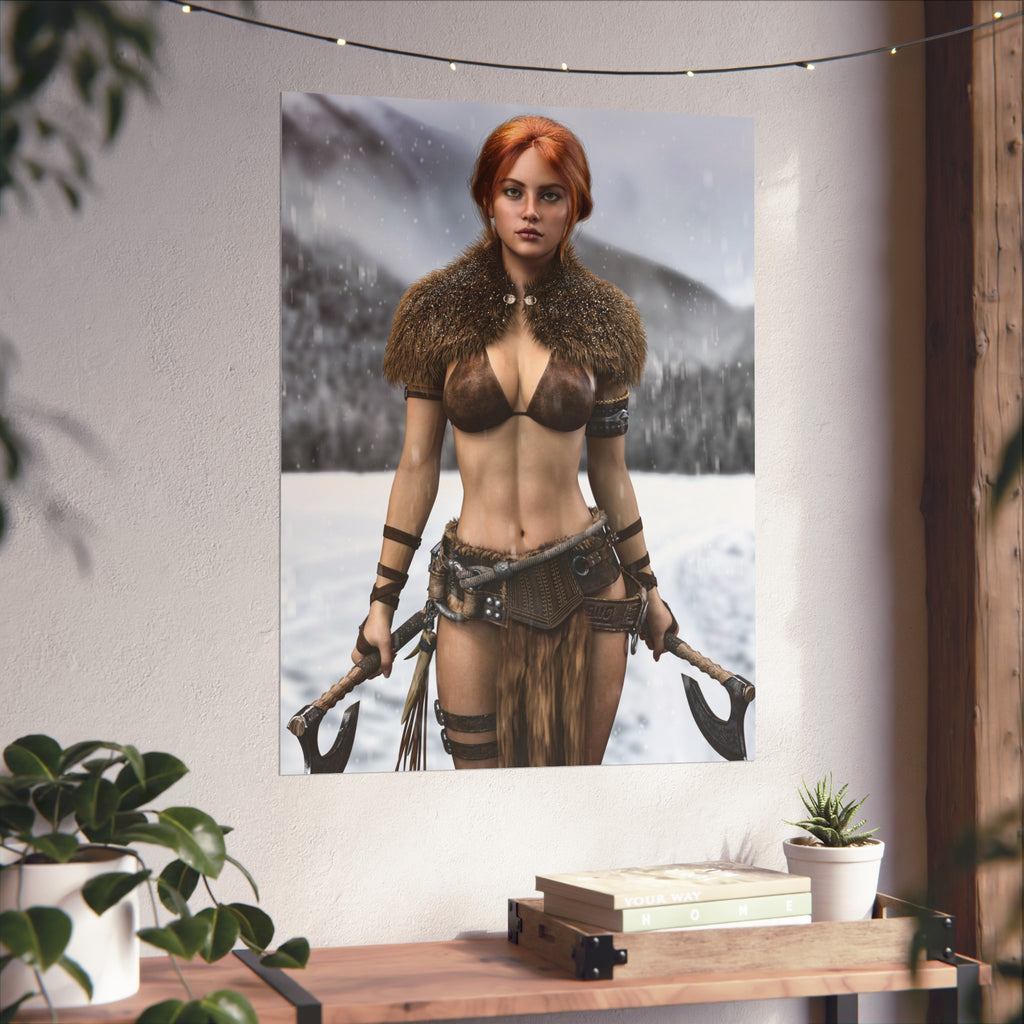 Viking Warrior Woman Fine Art Poster — Red-Haired Norse Axe Fighter Print