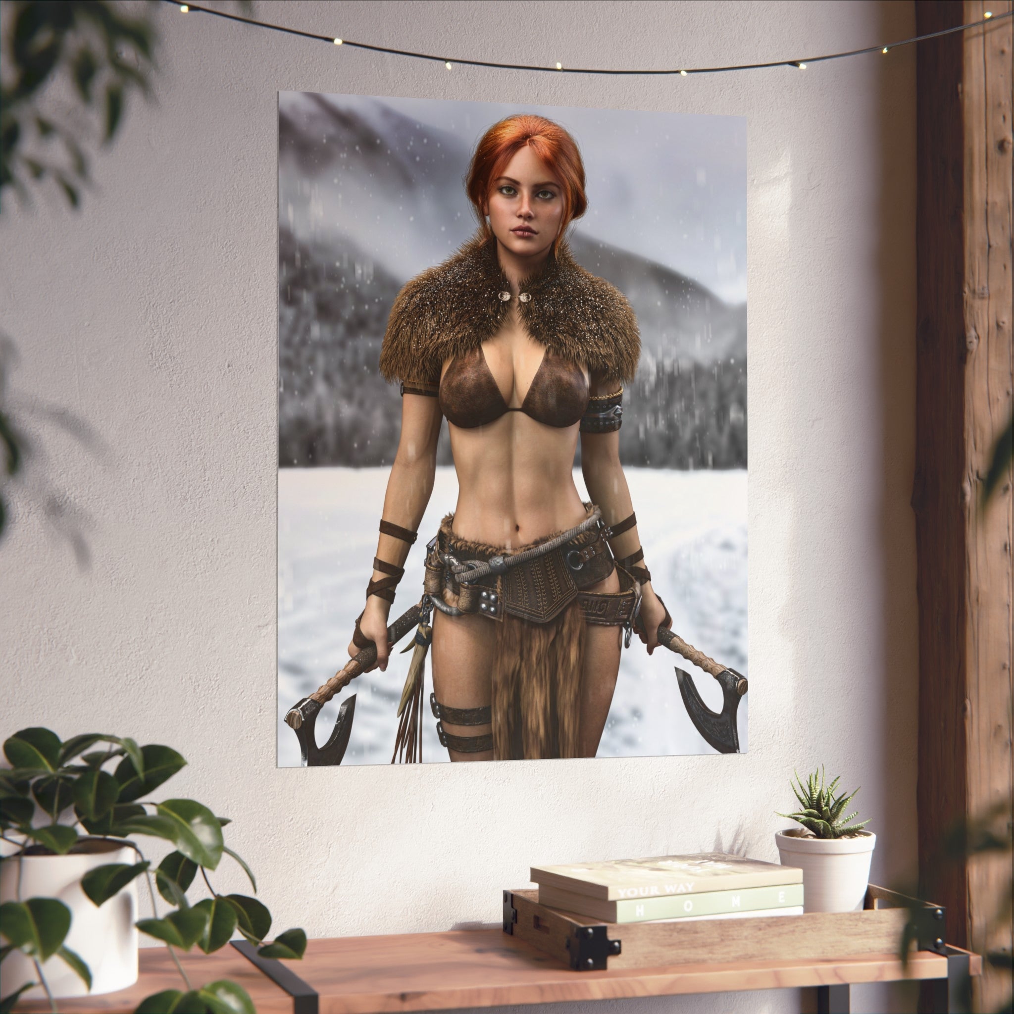 Viking Warrior Woman Fine Art Poster — Red-Haired Norse Axe Fighter Print