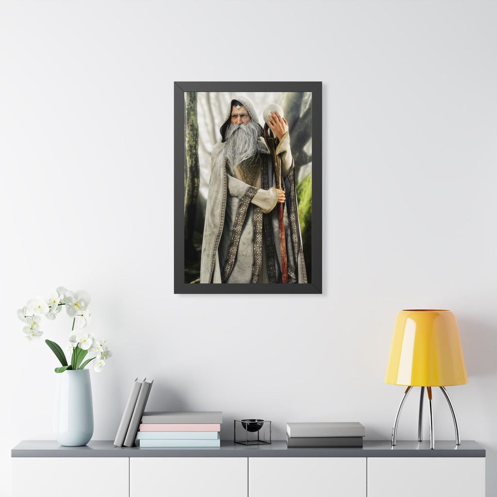 Framed Poster — Wise Wizard with Staff Fantasy Art- No ai - Human created illustration art
