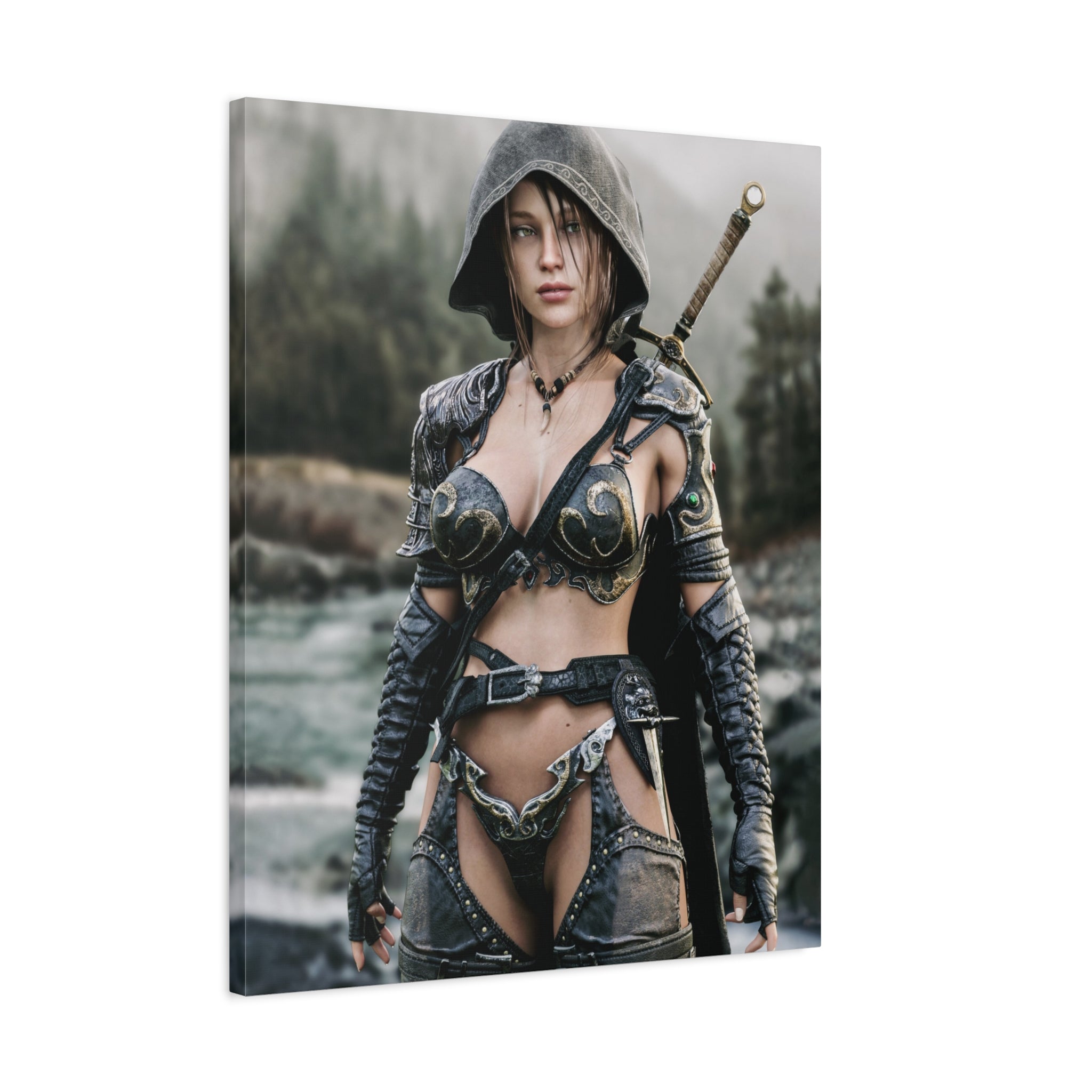 Female Warrior Ranger Fantasy Canvas Print - Matte Stretched Wall Art - No AI - Human created illustration art