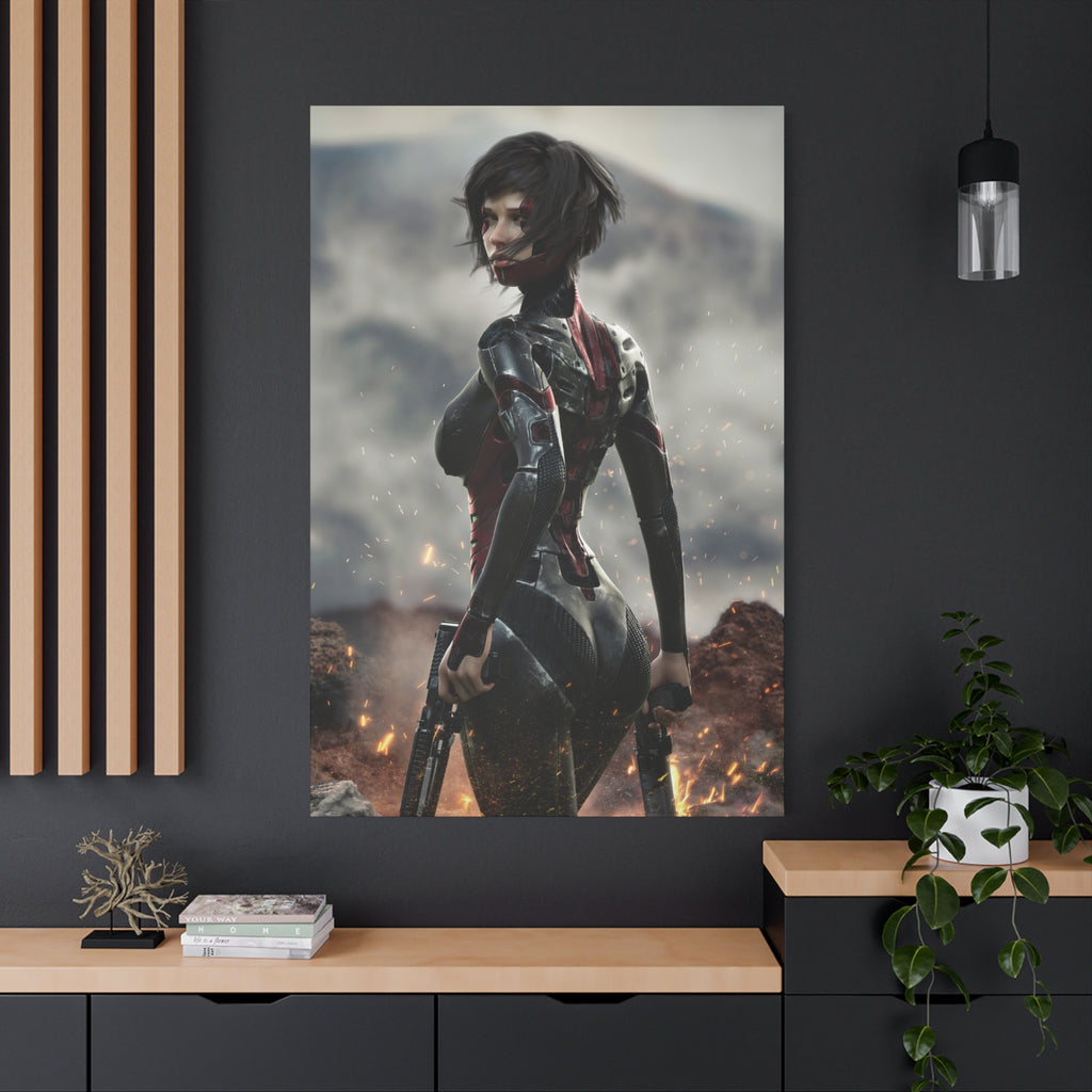 Sci‑Fi Warrior Matte Canvas Print — Futuristic Female Soldier Wall Art- No AI - Human created illustration art