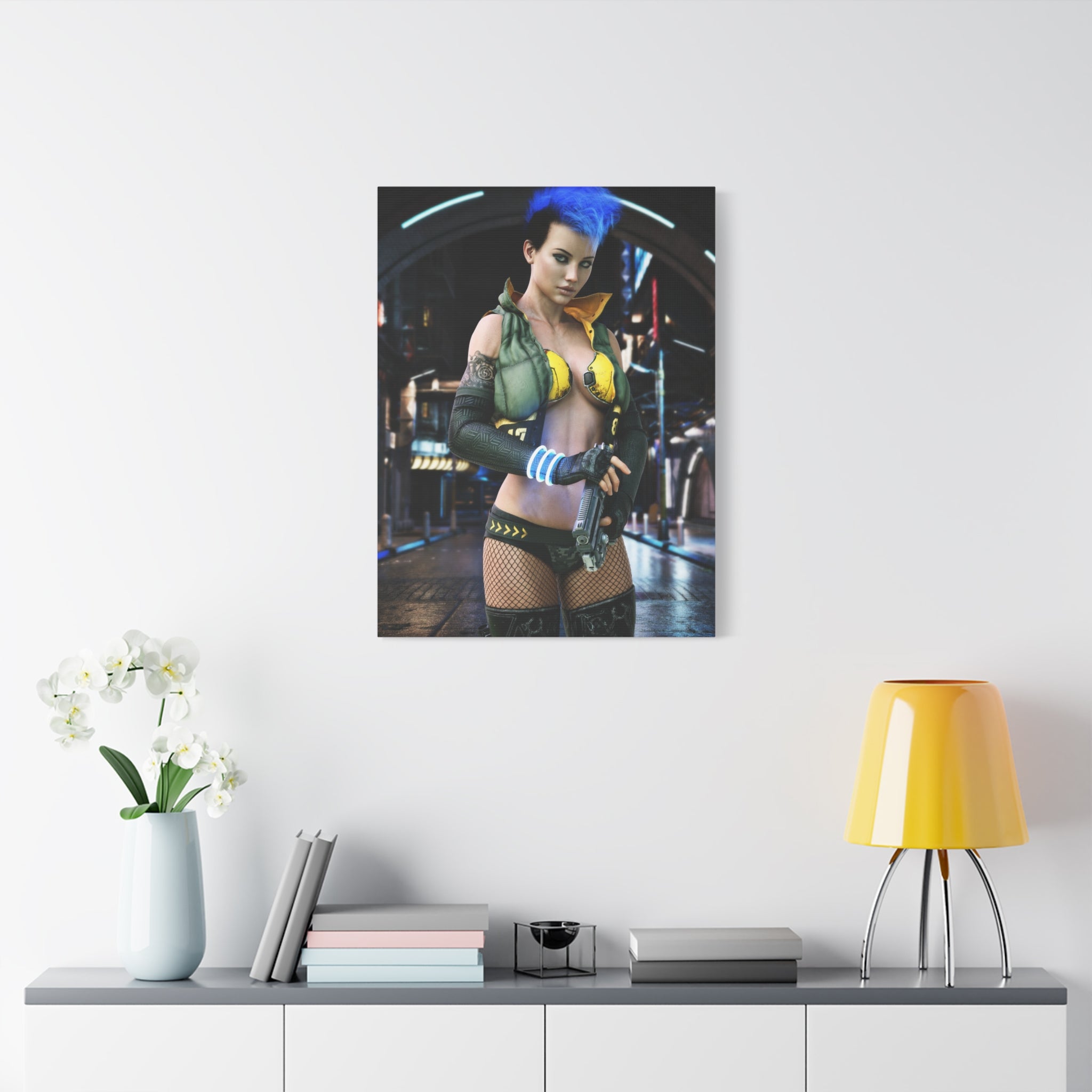 Cyberpunk Femme Fatale Canvas Print — Matte Stretched Wall Art -No AI- Human created illustration art