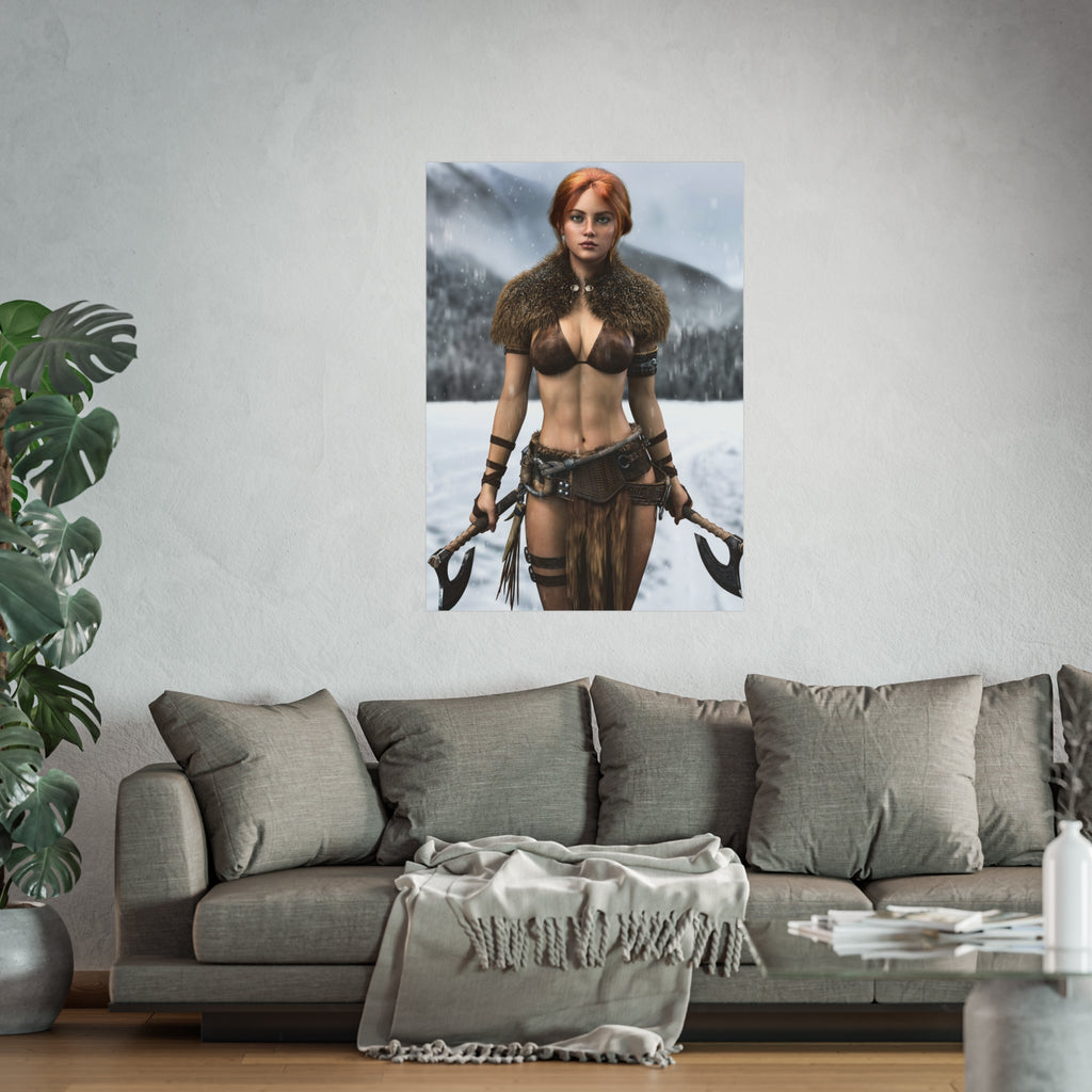 Viking Warrior Woman Fine Art Poster — Red-Haired Norse Axe Fighter Print