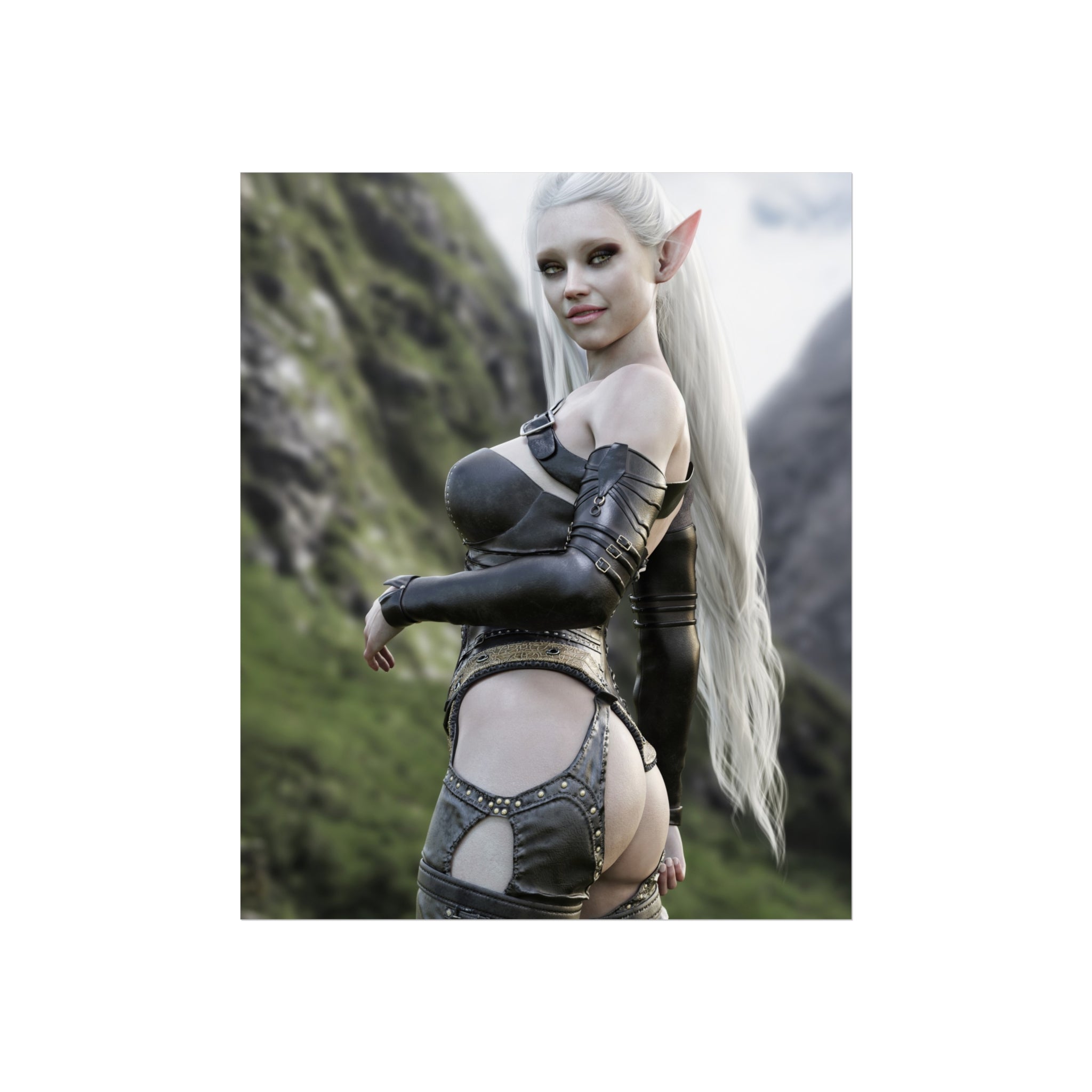 Póster de arte de elfa guerrera de fantasía — Lámina de elfa sexy para pared - No IA - Ilustración creada por humanos