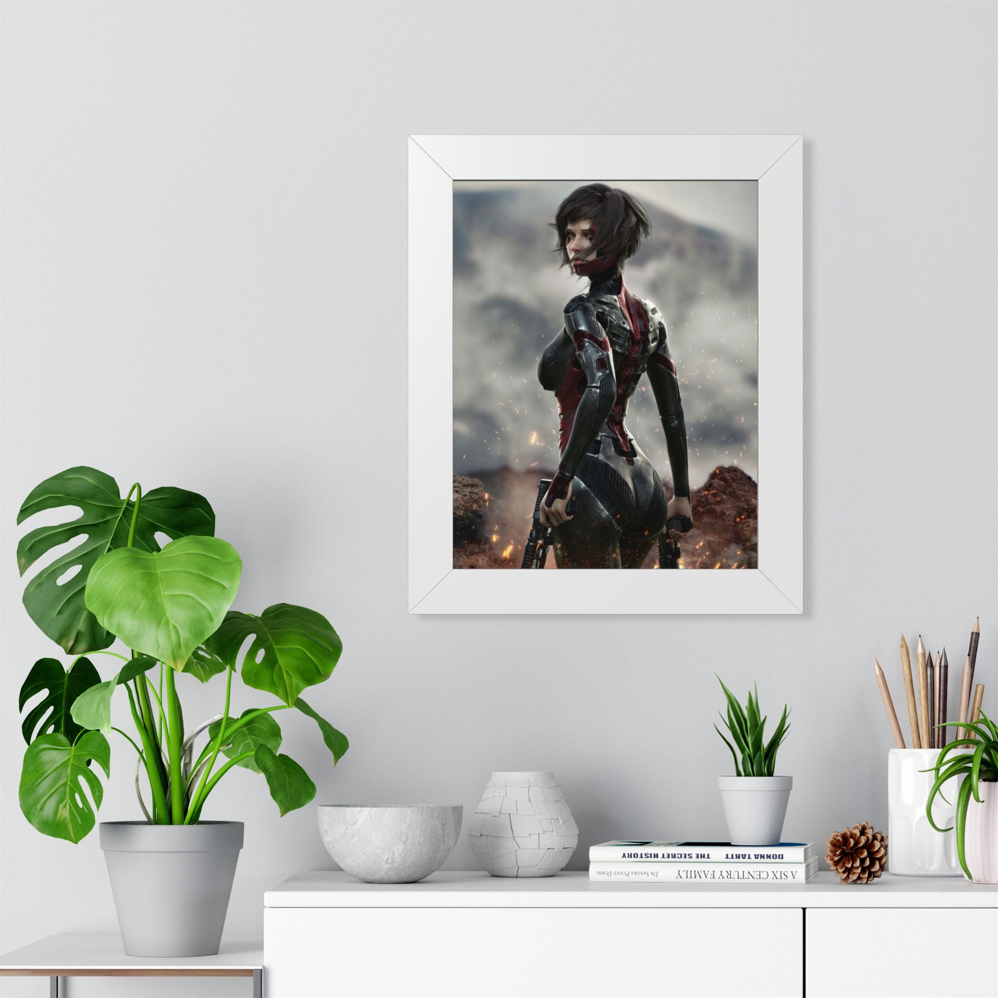 Framed Poster — Futuristic Sci‑Fi Female Warrior Art Print- No AI - Human created illustration art