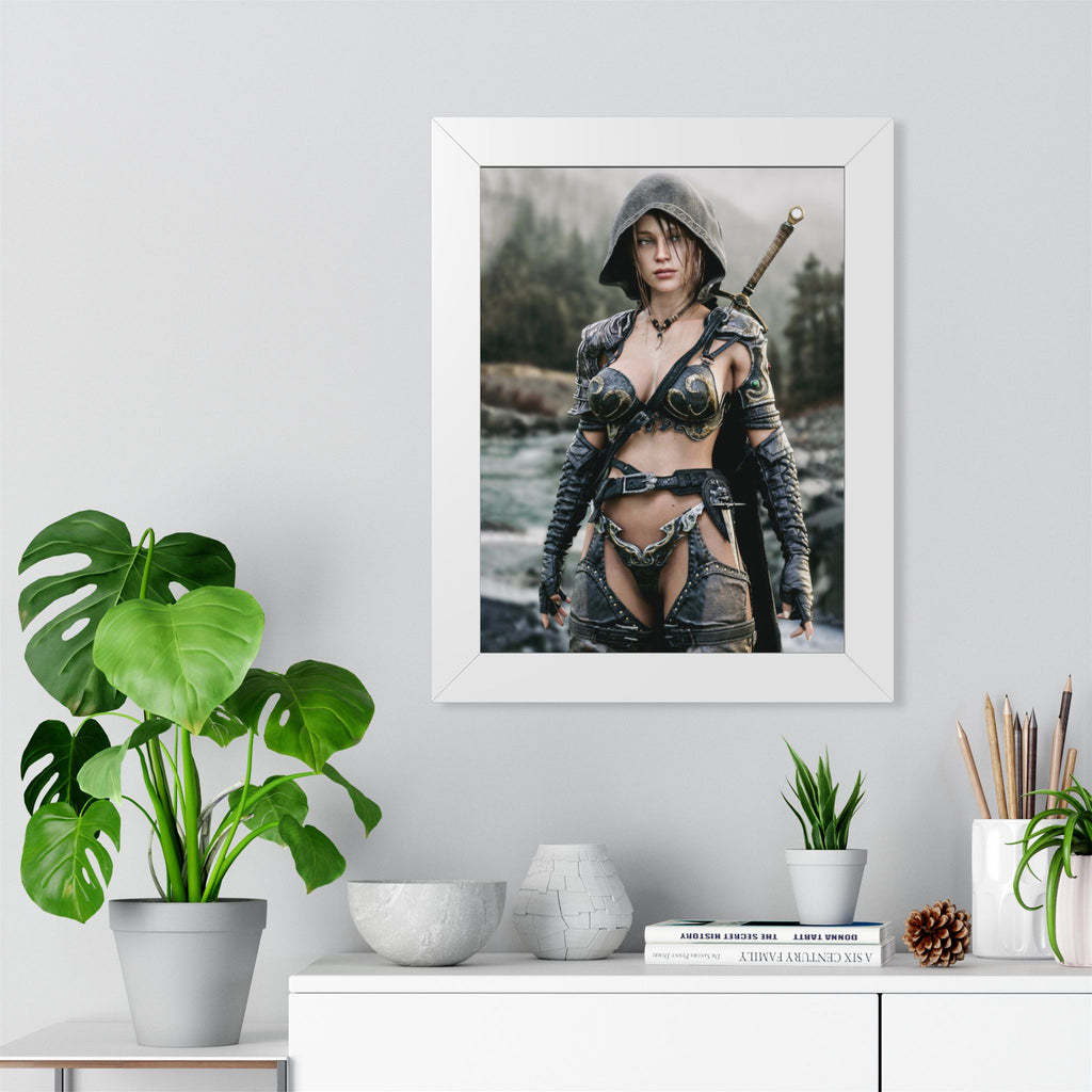 Framed Poster - Fantasy Female Ranger Warrior Art (Vertical) - No AI- Human created illustration art