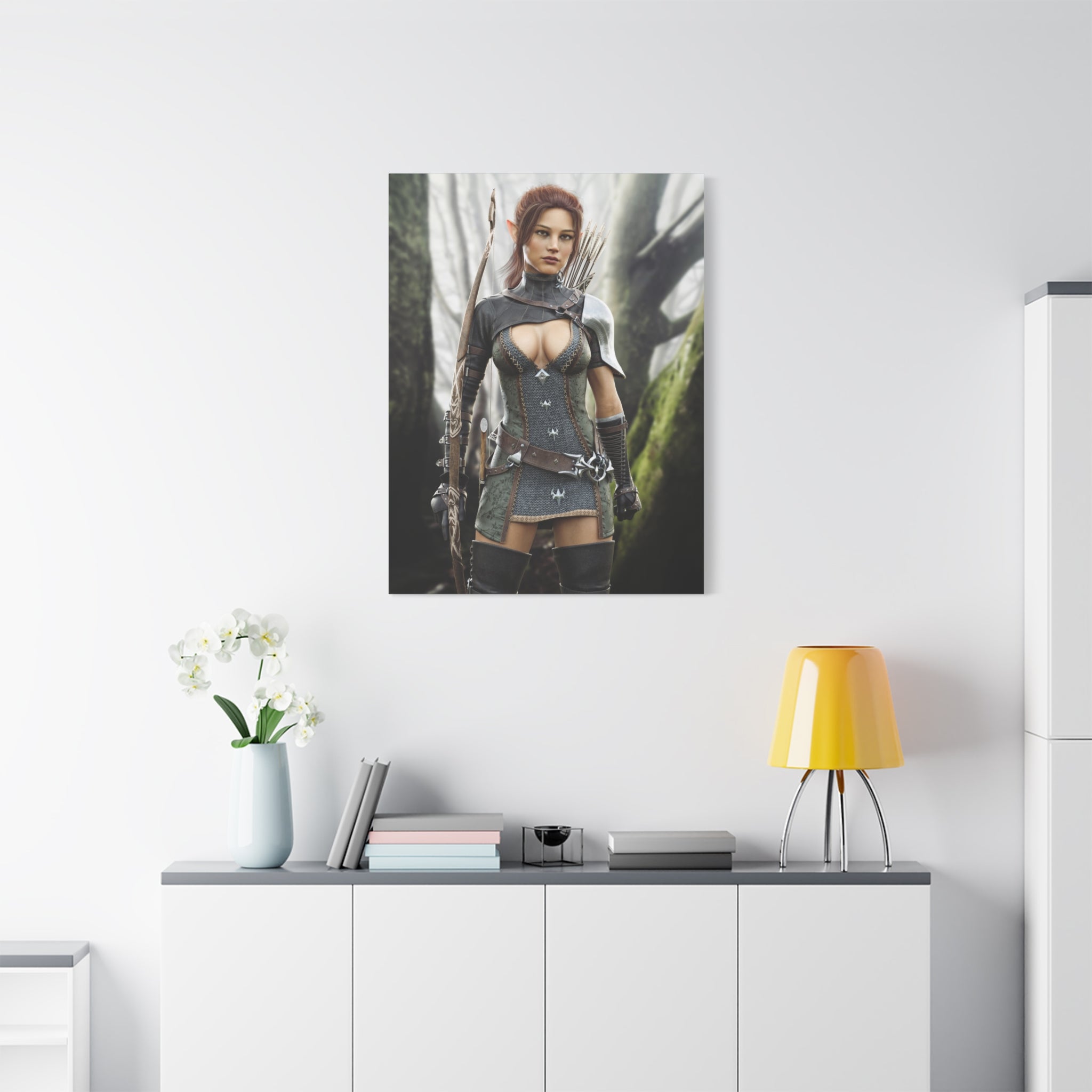 Fantasy Wood Elf Archer Warrior Canvas Print — Matte Stretched Wall Art - No Ai - human created illustration art