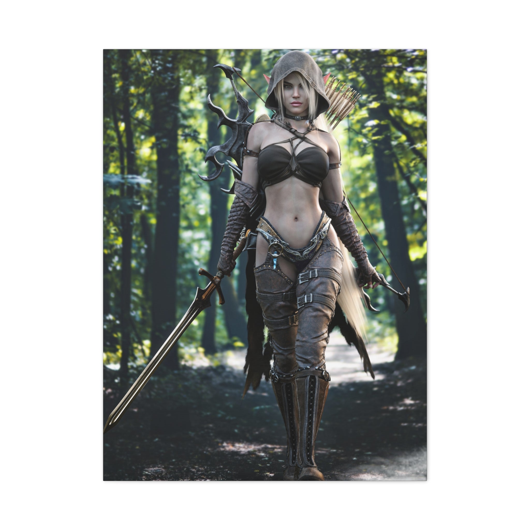 Fantasy Archer Warrior Canvas Print — Female Ranger Wall Art (Matte Stretched) - No Ai - Human created illustration art