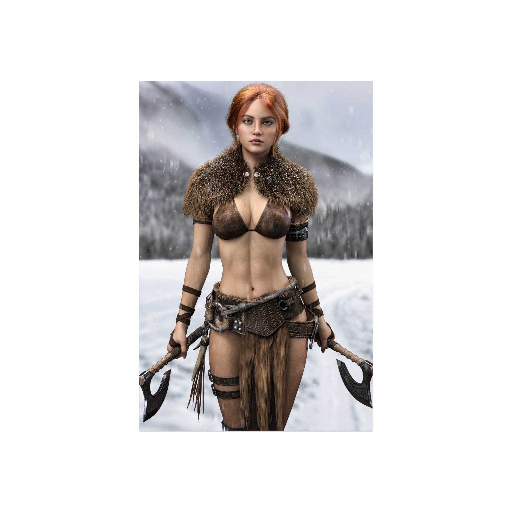 Viking Warrior Woman Fine Art Poster — Red-Haired Norse Axe Fighter Print