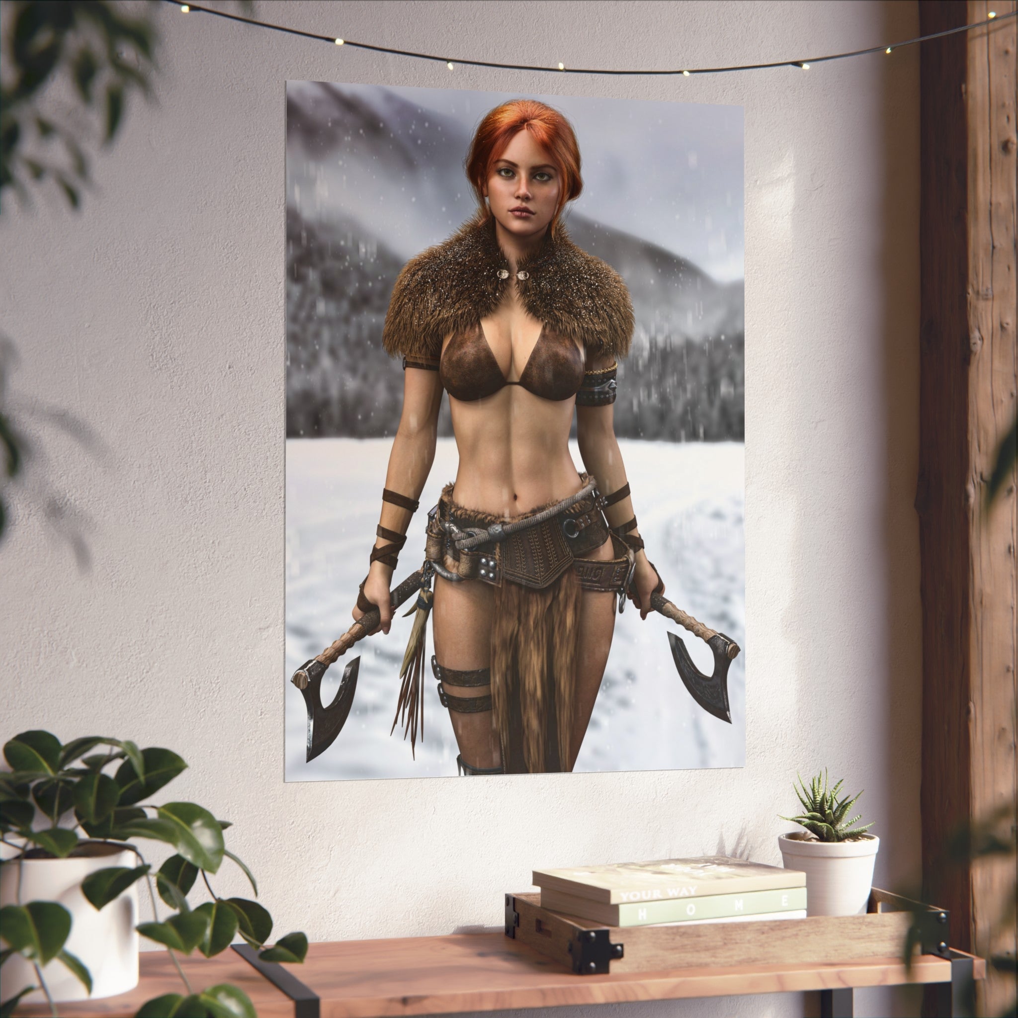 Viking Warrior Woman Fine Art Poster — Red-Haired Norse Axe Fighter Print