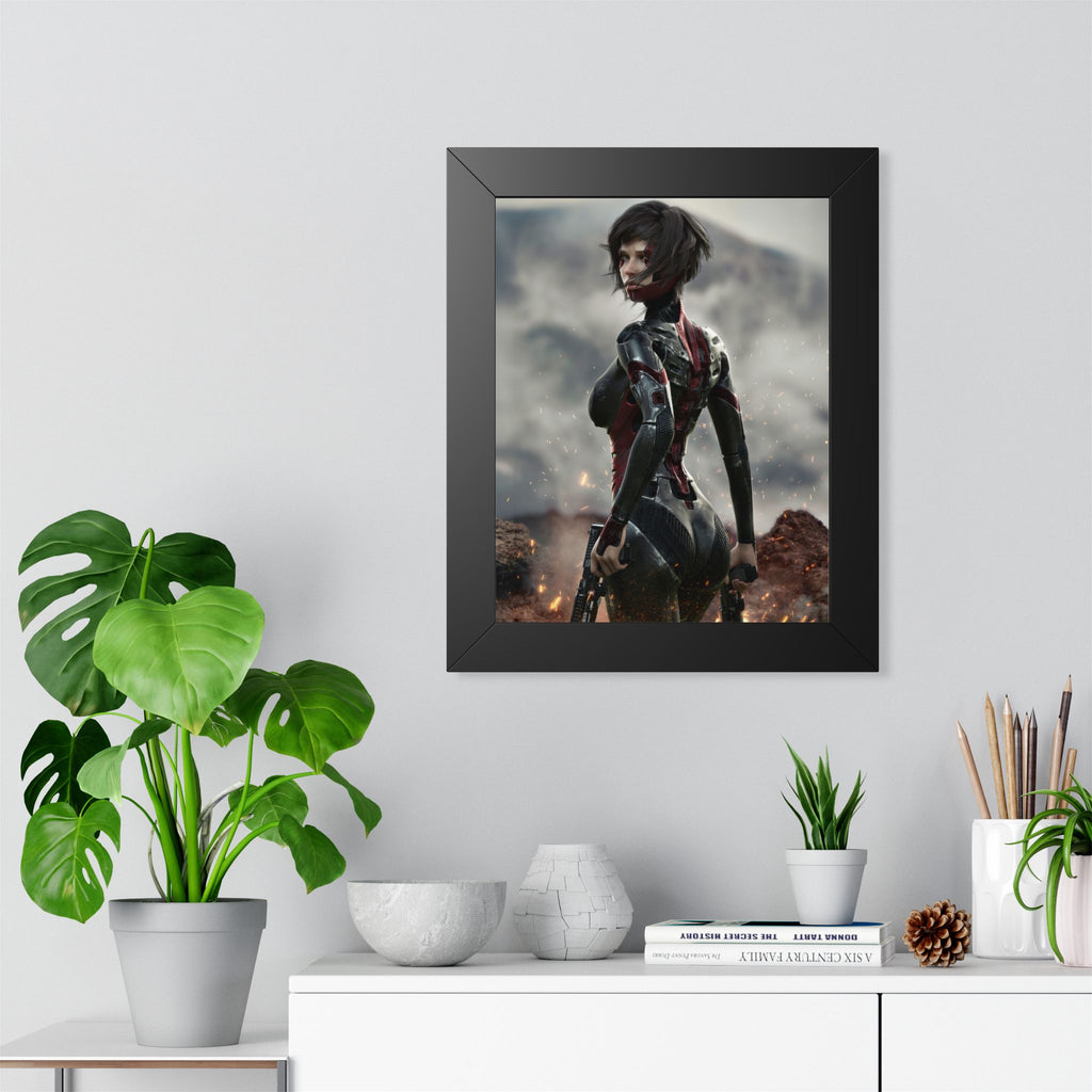 Framed Poster — Futuristic Sci‑Fi Female Warrior Art Print- No AI - Human created illustration art