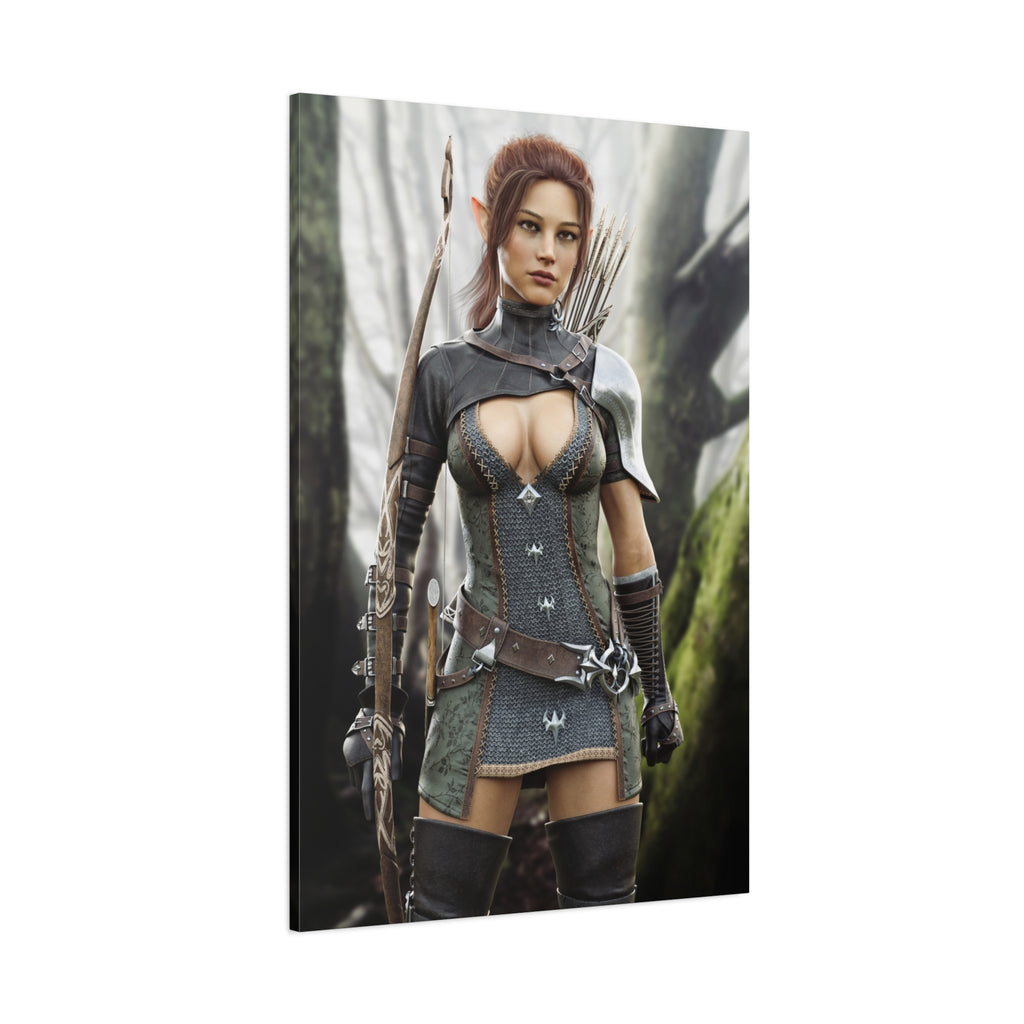 Fantasy Wood Elf Archer Warrior Canvas Print — Matte Stretched Wall Art - No Ai - human created illustration art