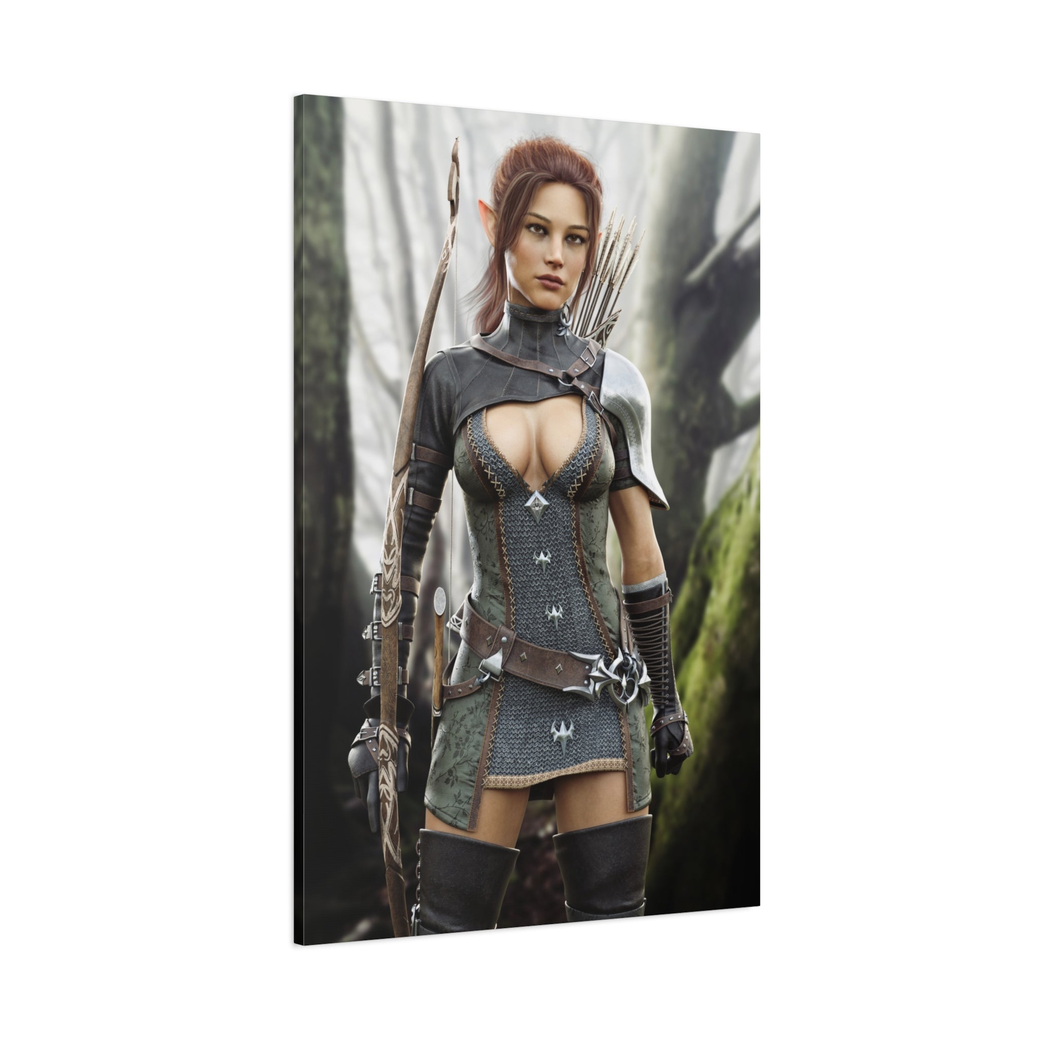 Fantasy Wood Elf Archer Warrior Canvas Print — Matte Stretched Wall Art - No Ai - human created illustration art