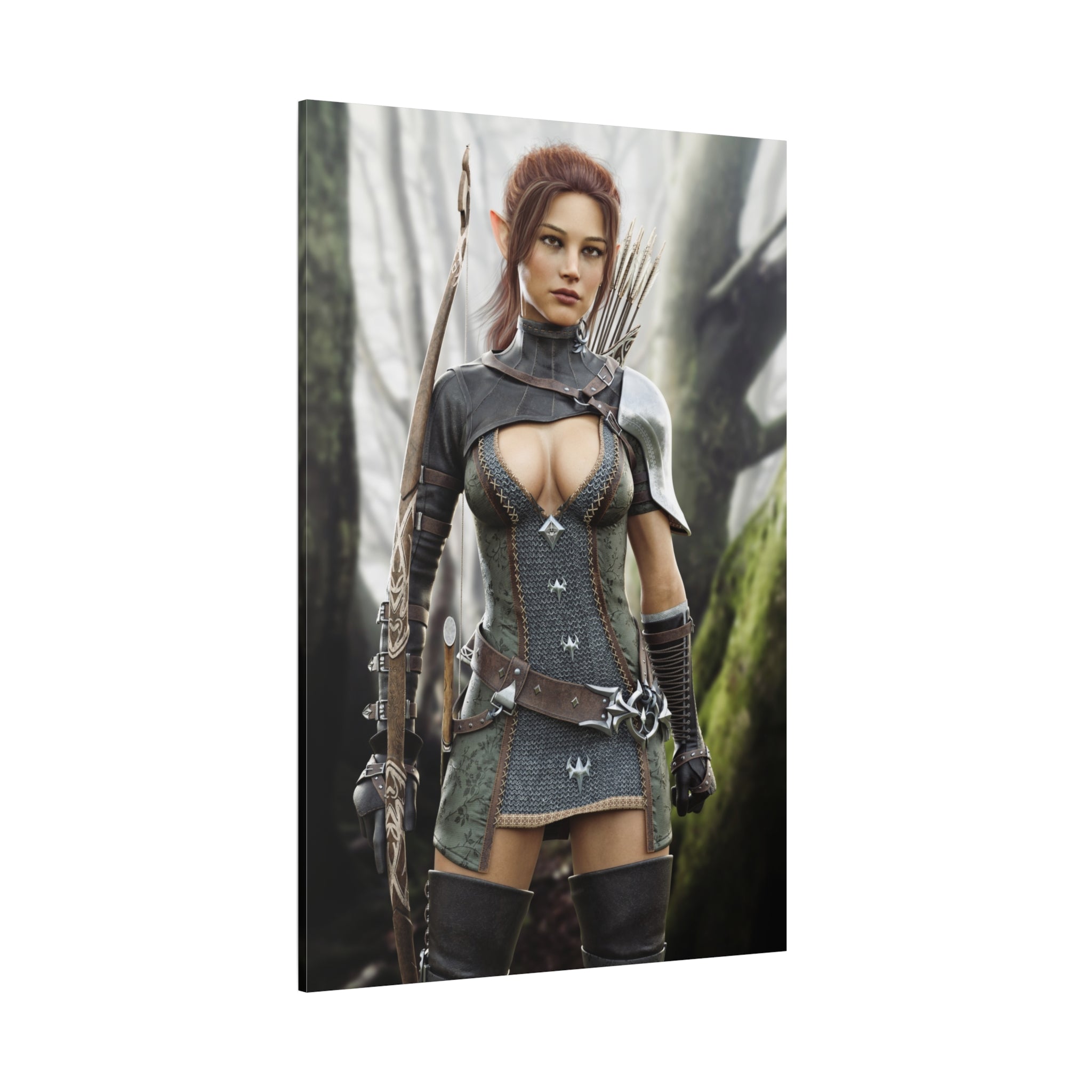 Fantasy Wood Elf Archer Warrior Canvas Print — Matte Stretched Wall Art - No Ai - human created illustration art