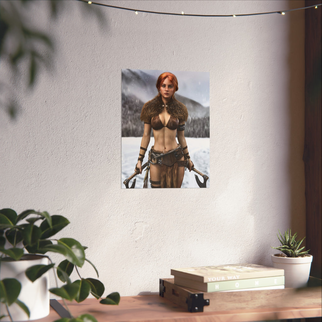 Viking Warrior Woman Fine Art Poster — Red-Haired Norse Axe Fighter Print