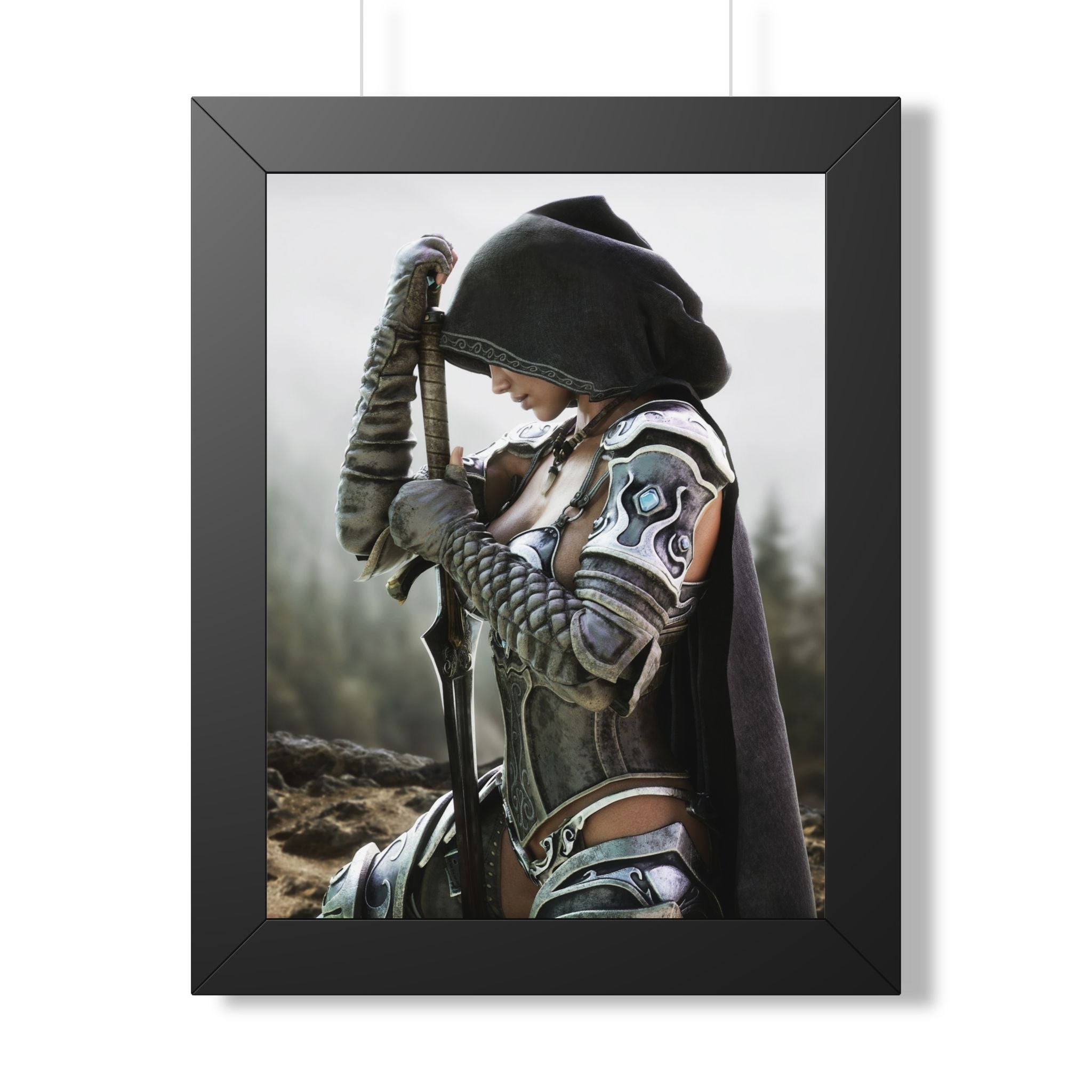 Póster enmarcado — Obra de arte de guerrera de fantasía (vertical) - Sin IA - Ilustración creada por humanos