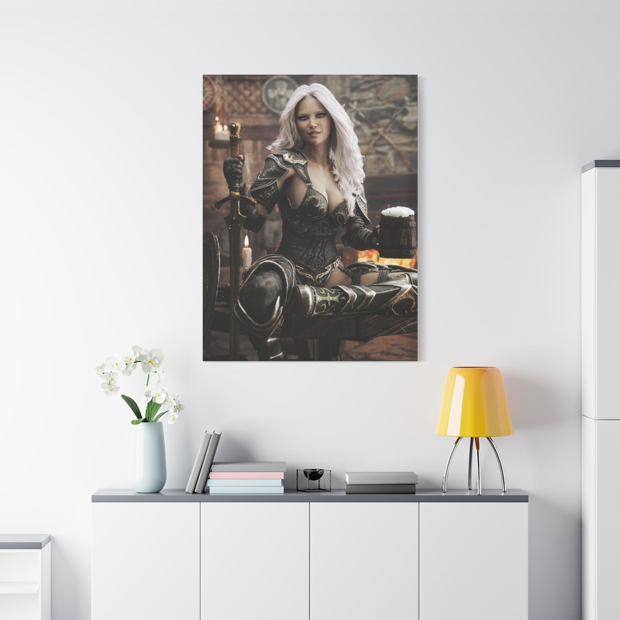 Fantasy Warrior Woman Canvas Print — Armored Dark elf in Tavern Portrait-No AI- Human created illustration art