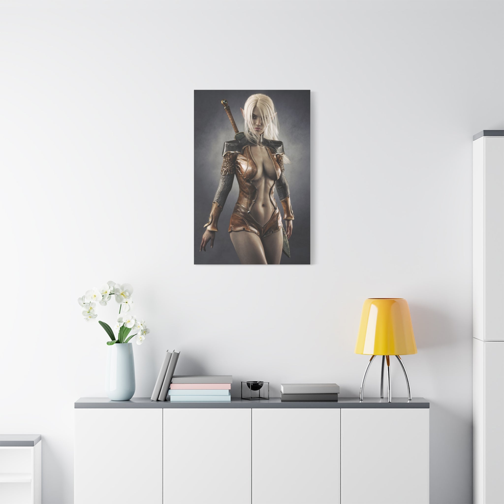 Fantasy Warrior Elf Canvas Print — Sexy Female Swordfighter Matte Stretched Art- No AI- Human created illuration art